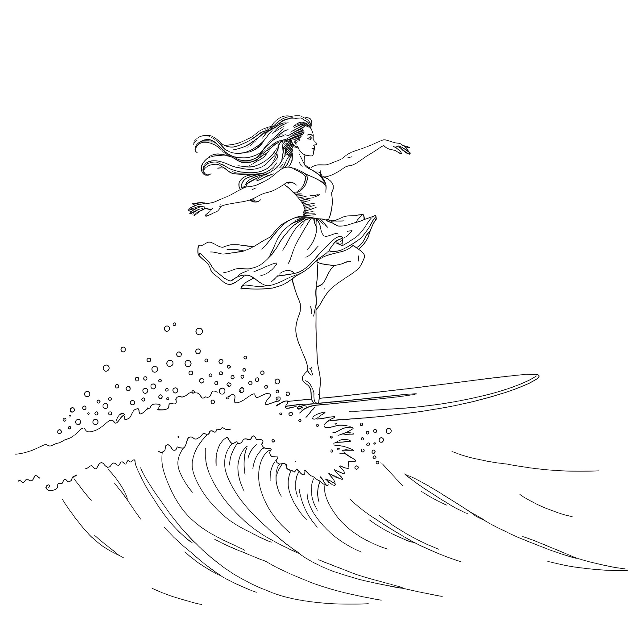 Ballerina gracefully surfing on ocean waves Coloring Page (free black-and-white line drawing printable PDF for all, from beginners to advanced learners, including children, teens, adults, and seniors)
