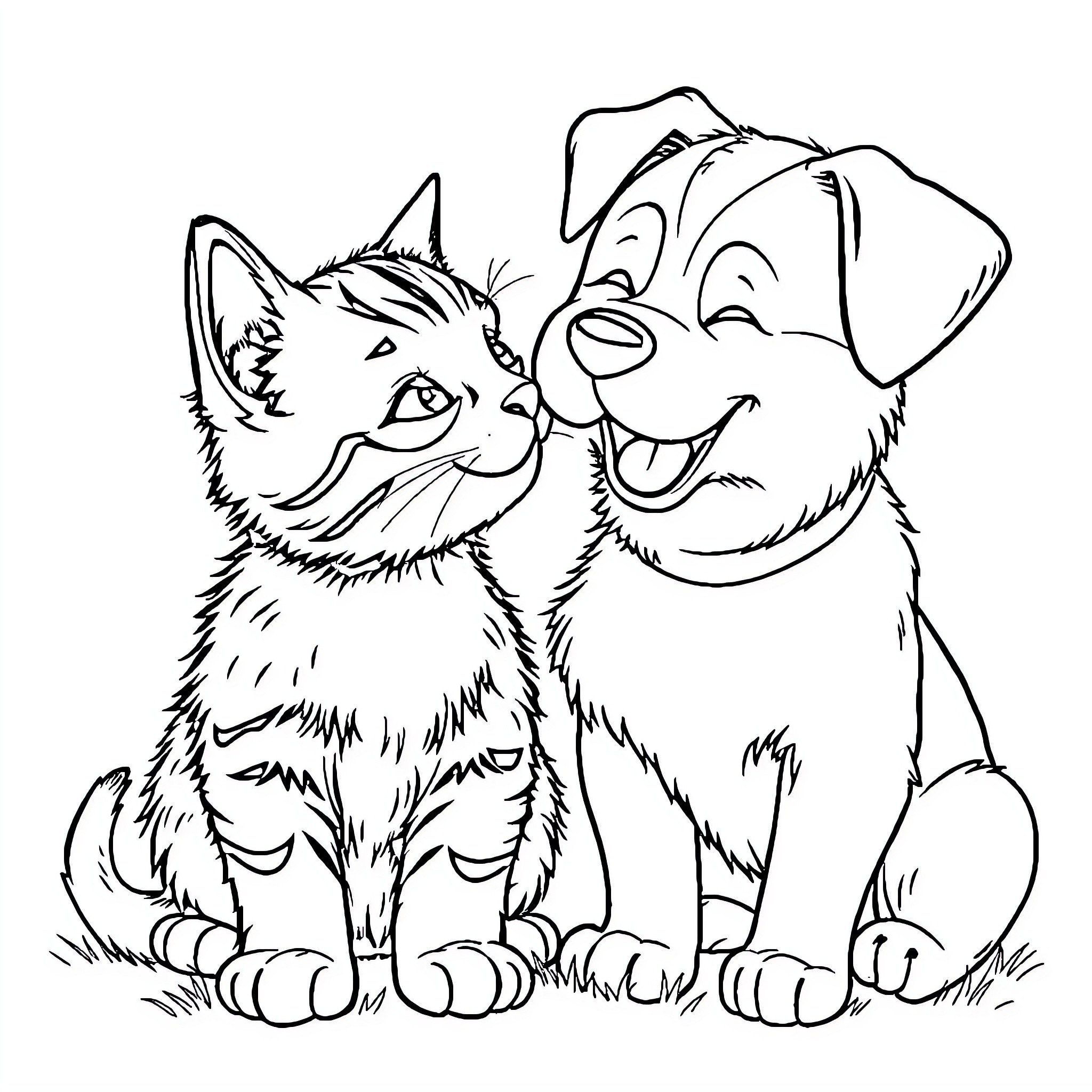 Cat and Dog Companions Coloring Page (free black-and-white line drawing printable PDF for all, from beginners to advanced learners, including children, teens, adults, and seniors)