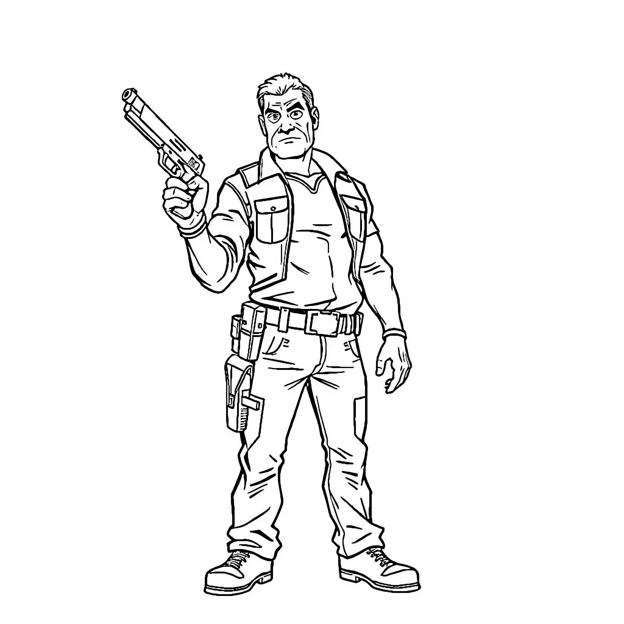 Bloodhound agent with pistol in tactical gear Coloring Page (free black-and-white line drawing printable PDF for all, from beginners to advanced learners, including children, teens, adults, and seniors)