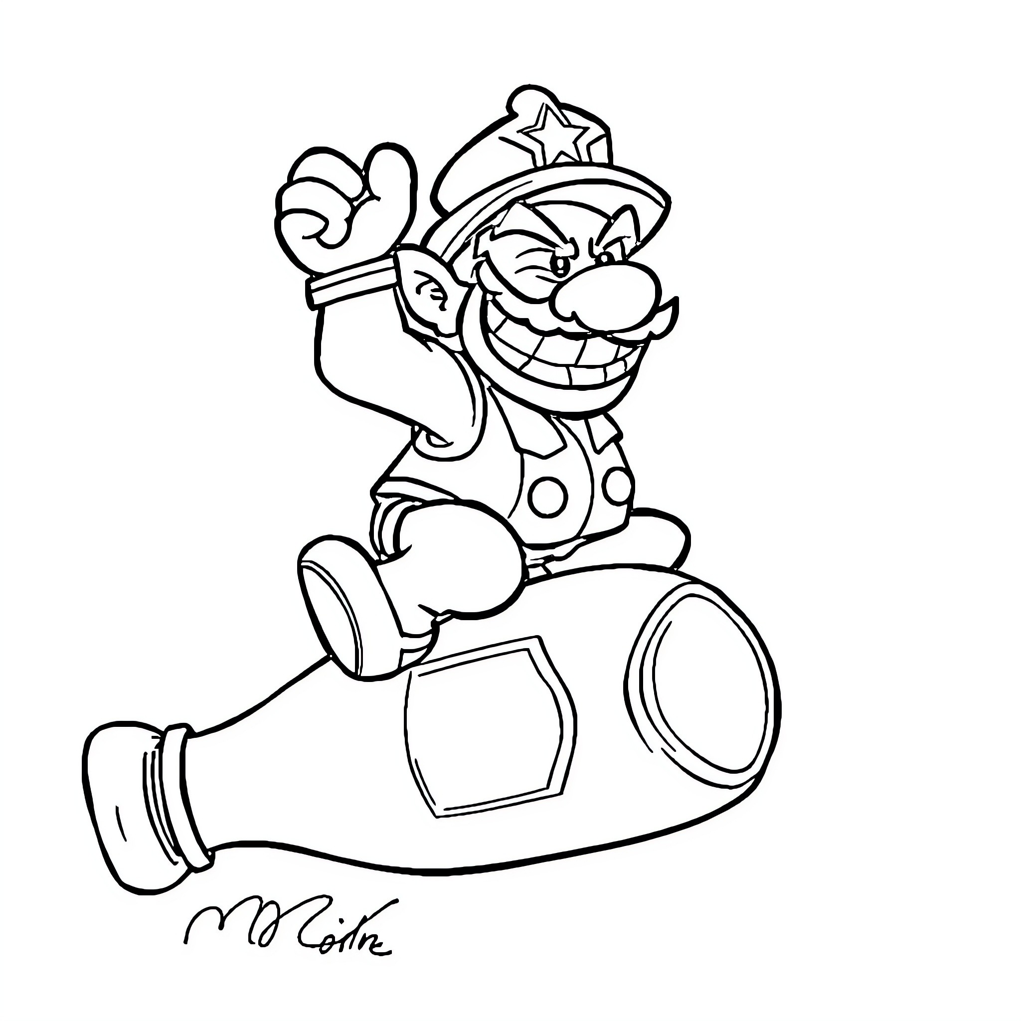 Wario riding a stylized vehicle with a big grin Coloring Page (free black-and-white line drawing printable PDF for all, from beginners to advanced learners, including children, teens, adults, and seniors)