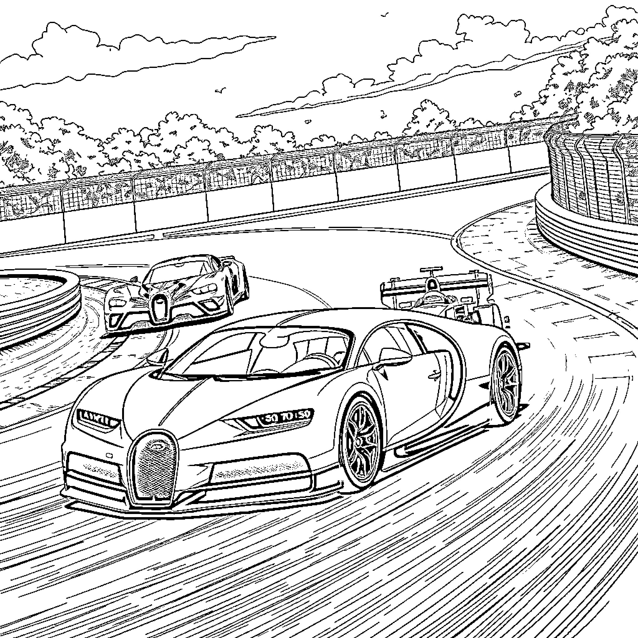 Cars racing on a winding racetrack Coloring Page (free black-and-white line drawing printable PDF for all, from beginners to advanced learners, including children, teens, adults, and seniors)