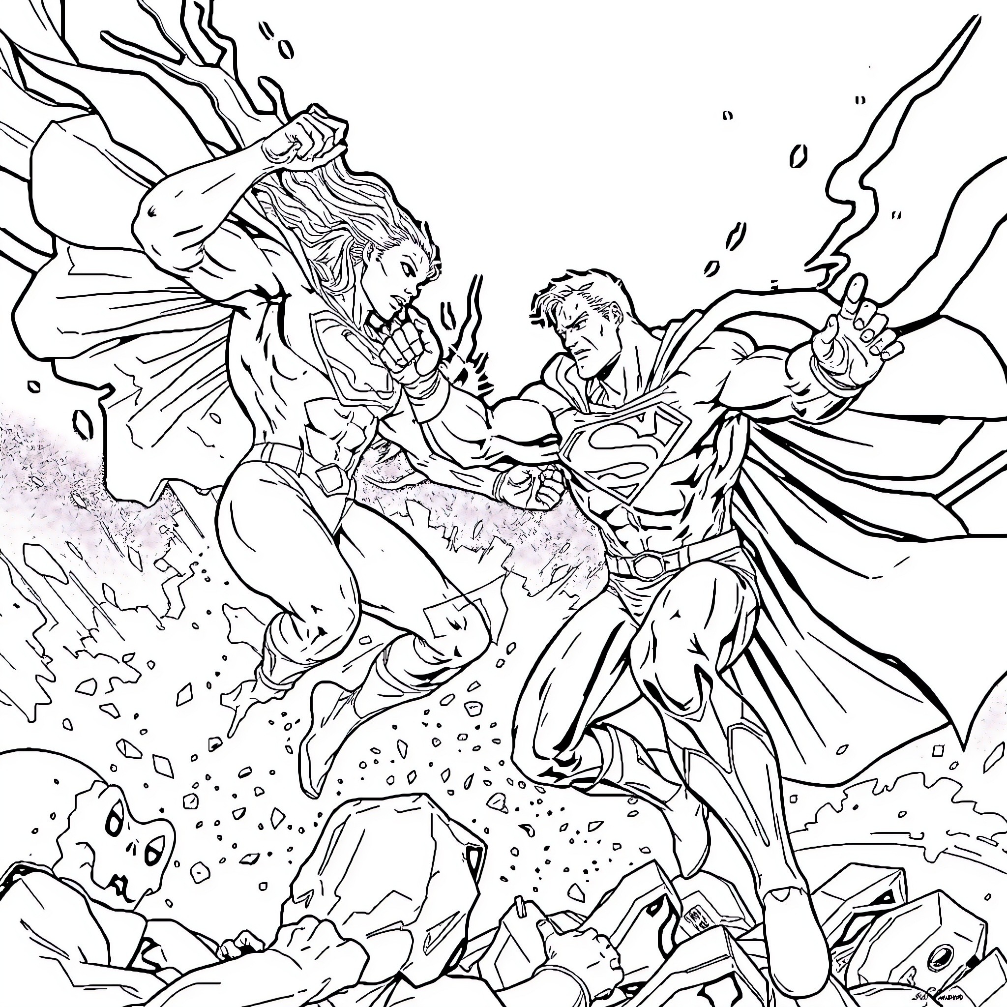 Superman battling a powerful foe with heroic actions Coloring Page (free black-and-white line drawing printable PDF for all, from beginners to advanced learners, including children, teens, adults, and seniors)