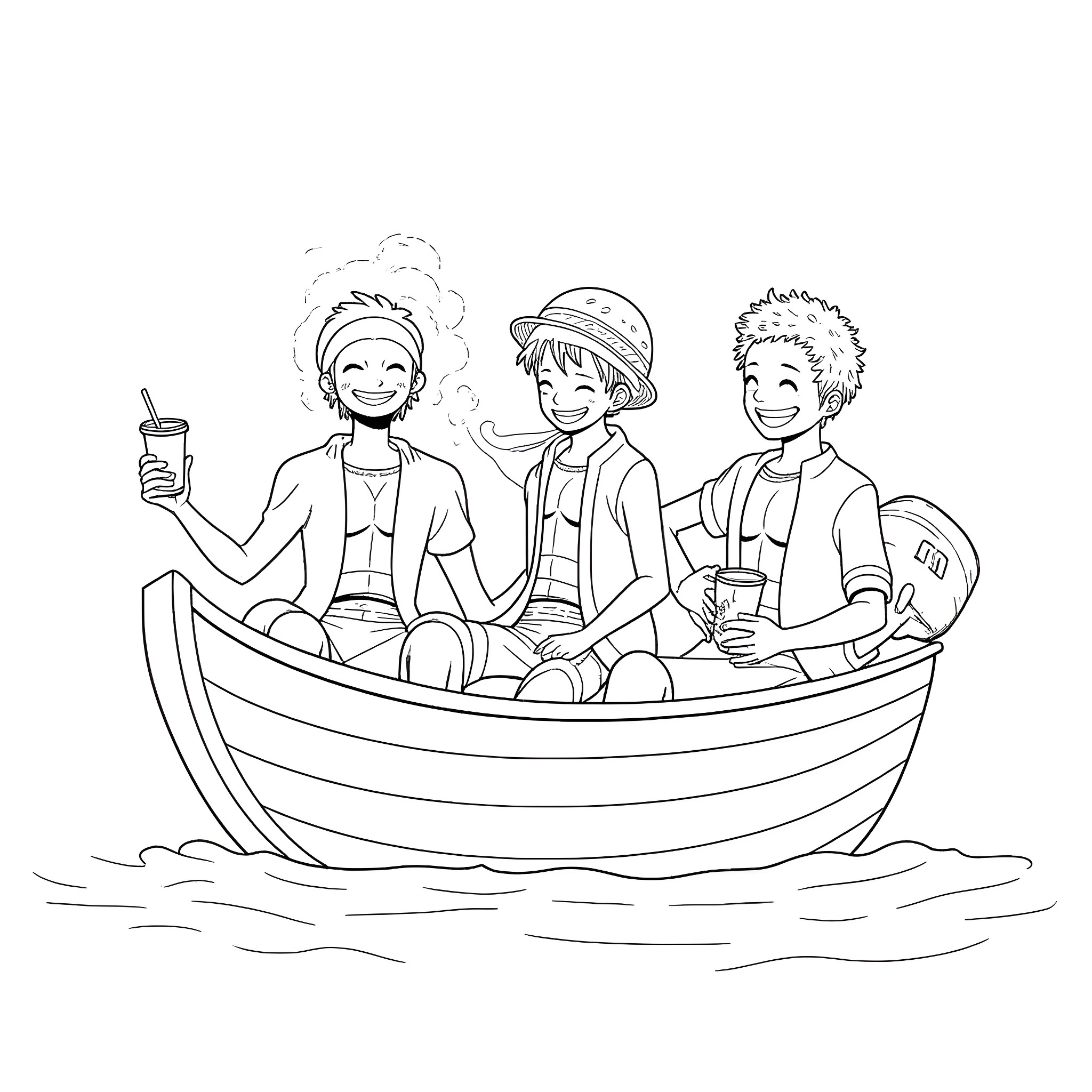 Luffy and friends enjoying a boat ride Coloring Page (free black-and-white line drawing printable PDF for all, from beginners to advanced learners, including children, teens, adults, and seniors)