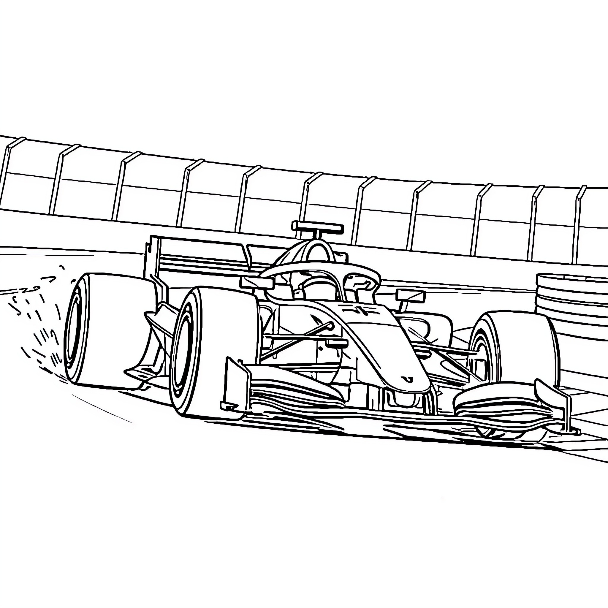 Formula 1 Car speeding on race track Coloring Page (free black-and-white line drawing printable PDF for all, from beginners to advanced learners, including children, teens, adults, and seniors)