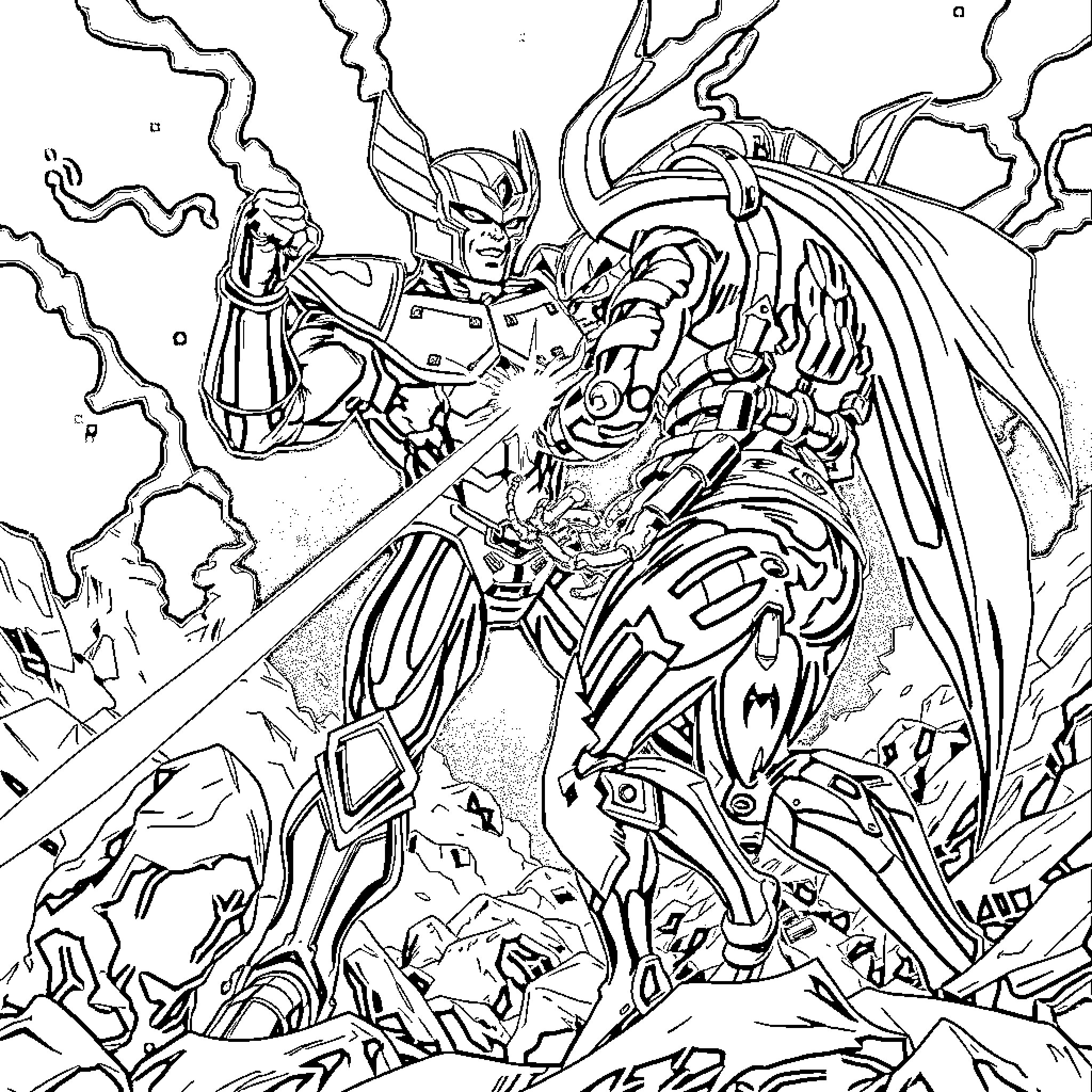 Guyver in Intense Cyberpunk Battle Coloring Page (free black-and-white line drawing printable PDF for all, from beginners to advanced learners, including children, teens, adults, and seniors)