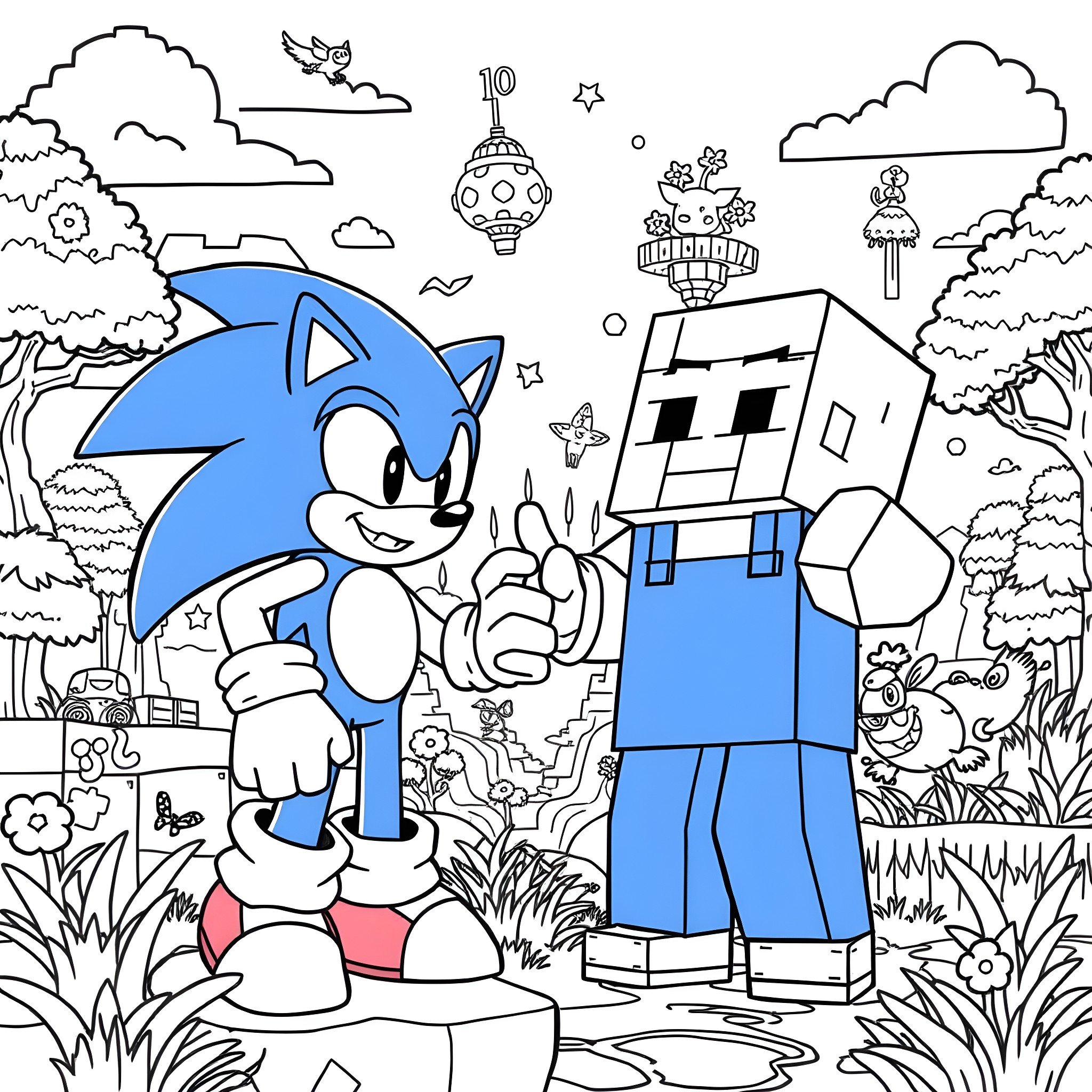Minecraft Sonic the Hedgehog and Robot Companion in Fantasy World Coloring Page (free black-and-white line drawing printable PDF for all, from beginners to advanced learners, including children, teens, adults, and seniors)