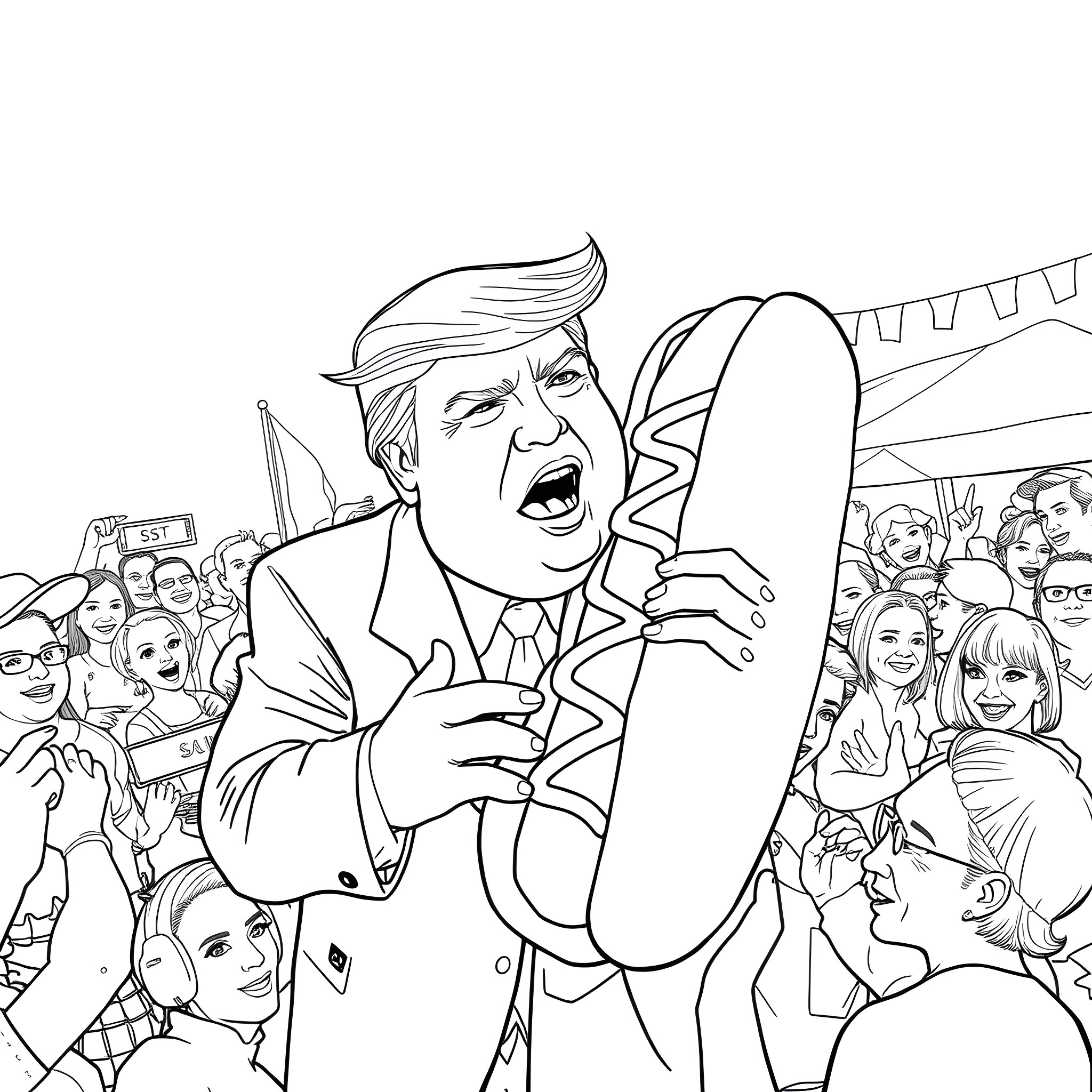 Trump speaking passionately to a crowd Coloring Page (free black-and-white line drawing printable PDF for all, from beginners to advanced learners, including children, teens, adults, and seniors)