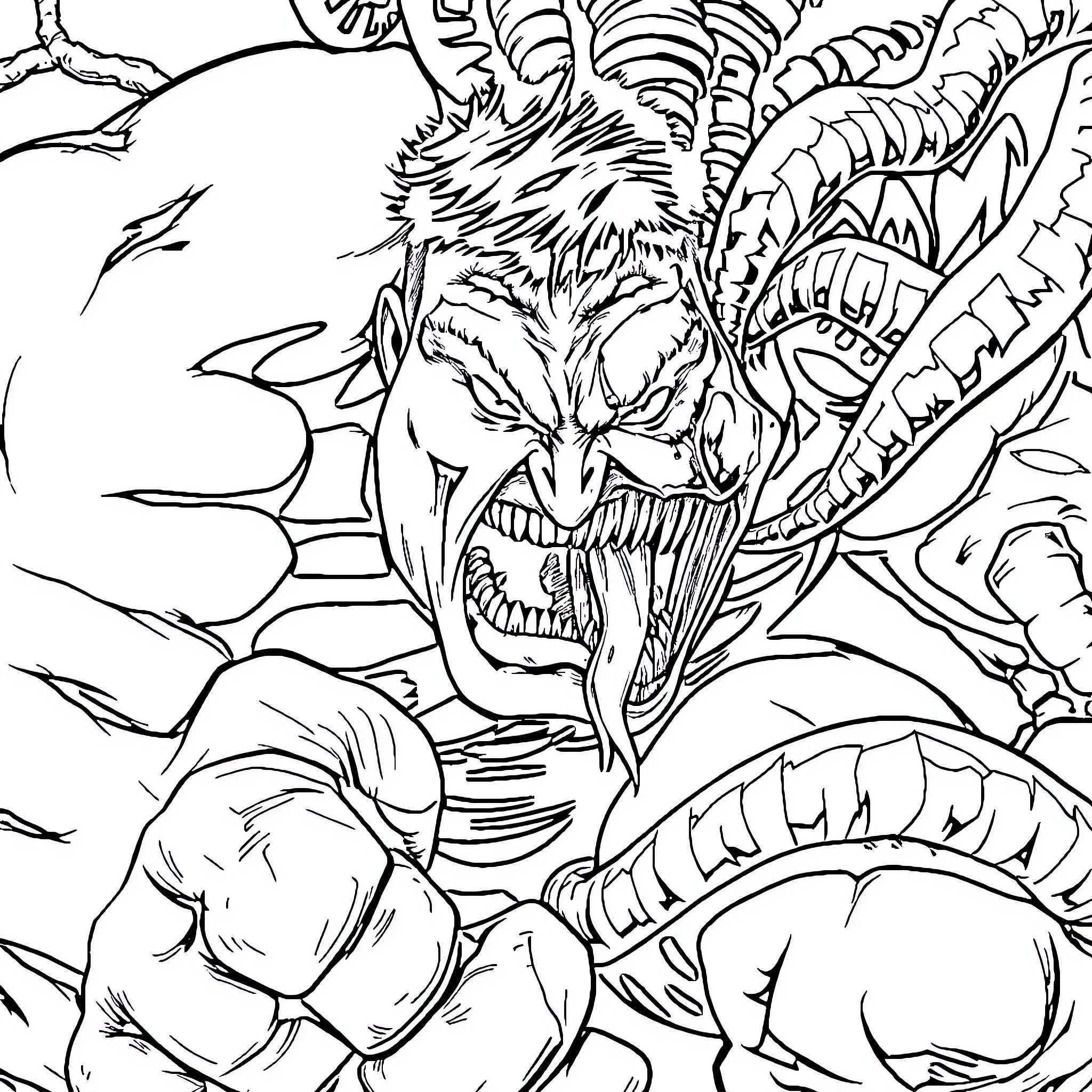 Hulk's Ferocious Battle with Monstrous Foes Coloring Page (free black-and-white line drawing printable PDF for all, from beginners to advanced learners, including children, teens, adults, and seniors)