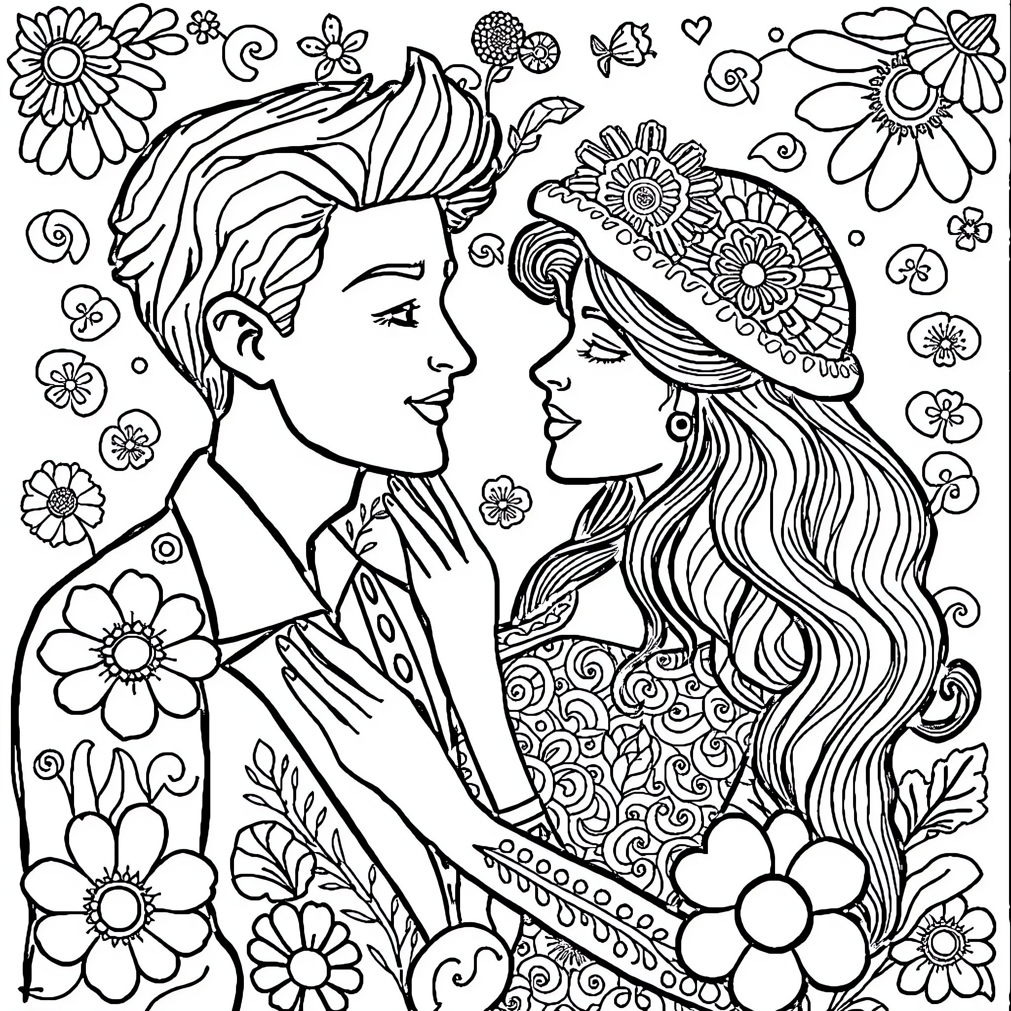 Doroman's Floral Romance Coloring Page (free black-and-white line drawing printable PDF for all, from beginners to advanced learners, including children, teens, adults, and seniors)