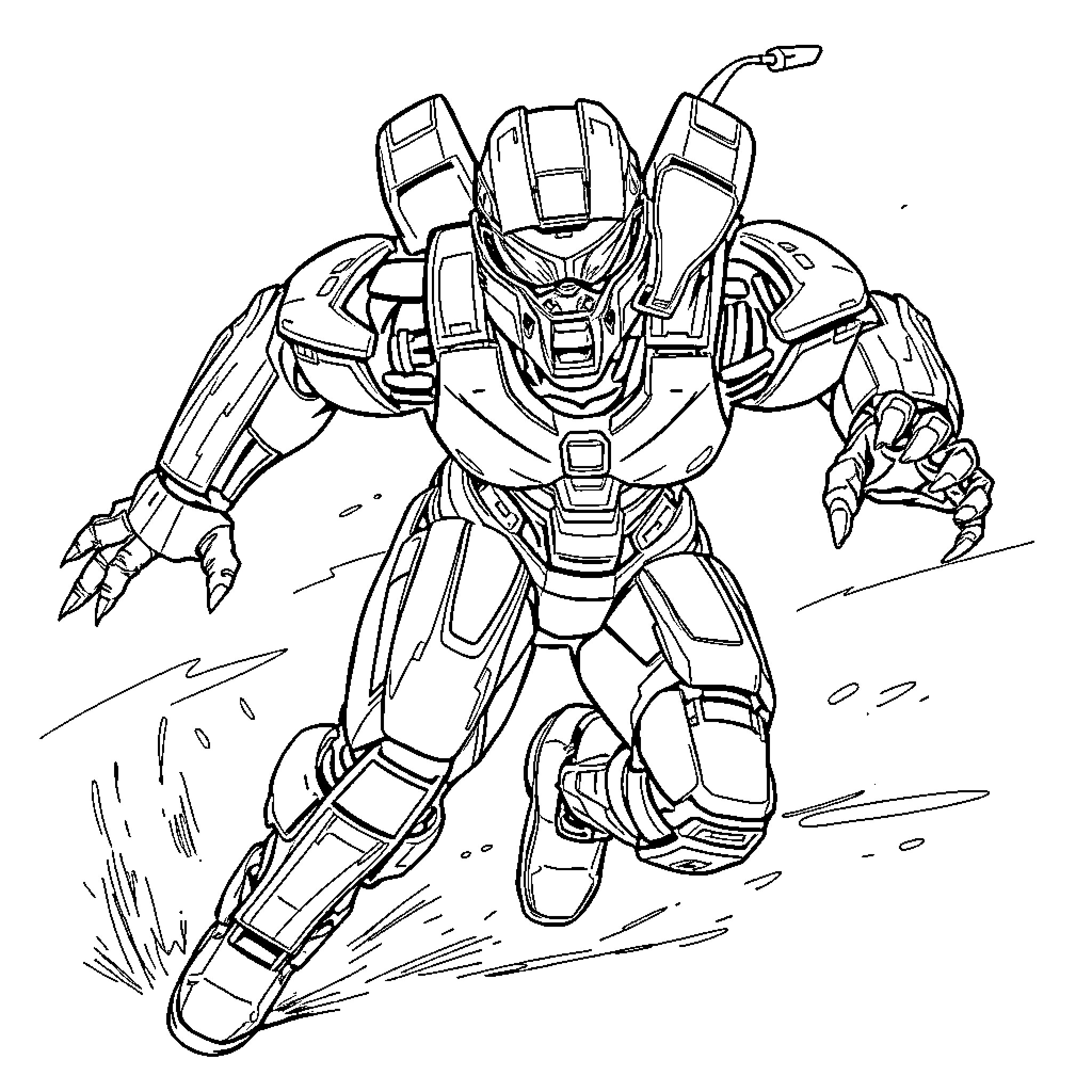 Halo Villain Mech Charging into Battle Coloring Page (free black-and-white line drawing printable PDF for all, from beginners to advanced learners, including children, teens, adults, and seniors)