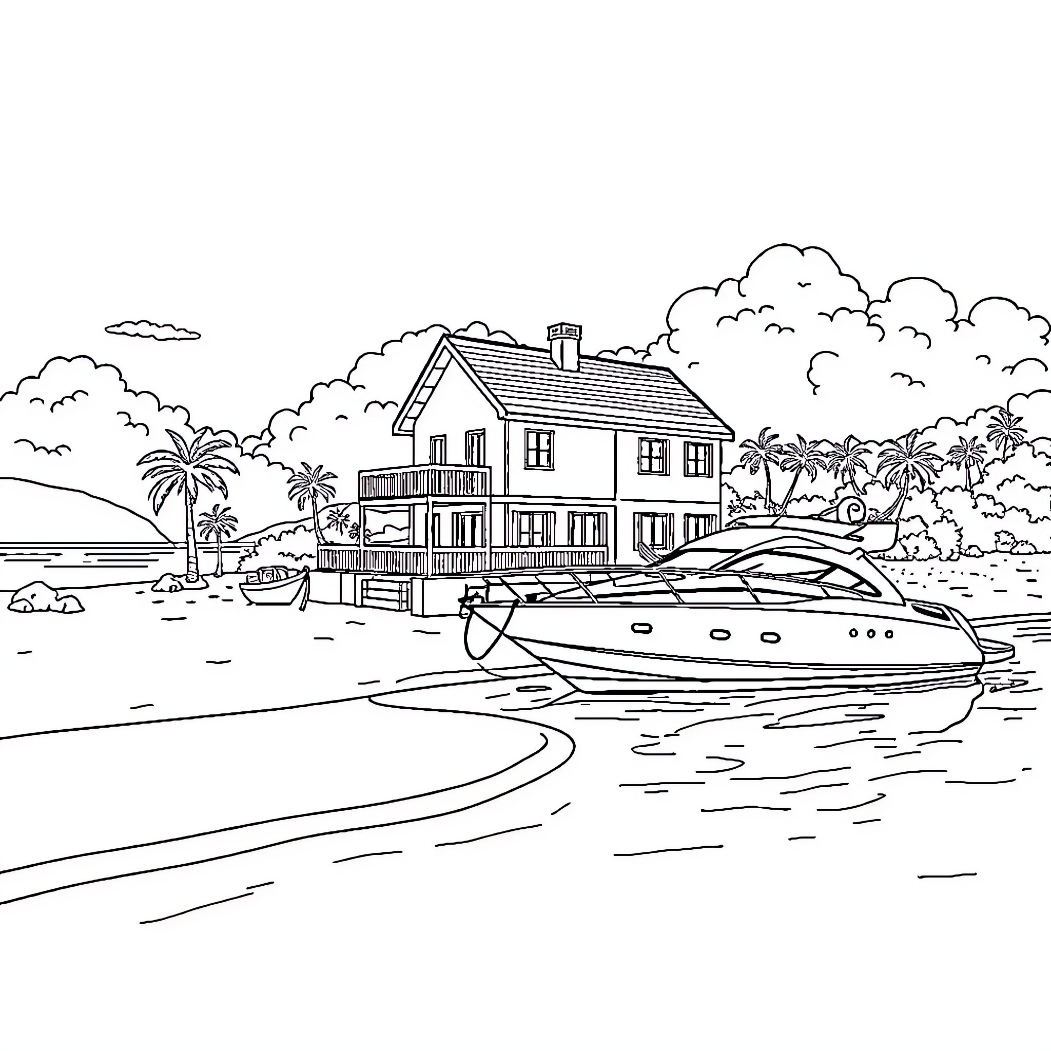 House by the Waterfront with Boat Coloring Page (free black-and-white line drawing printable PDF for all, from beginners to advanced learners, including children, teens, adults, and seniors)