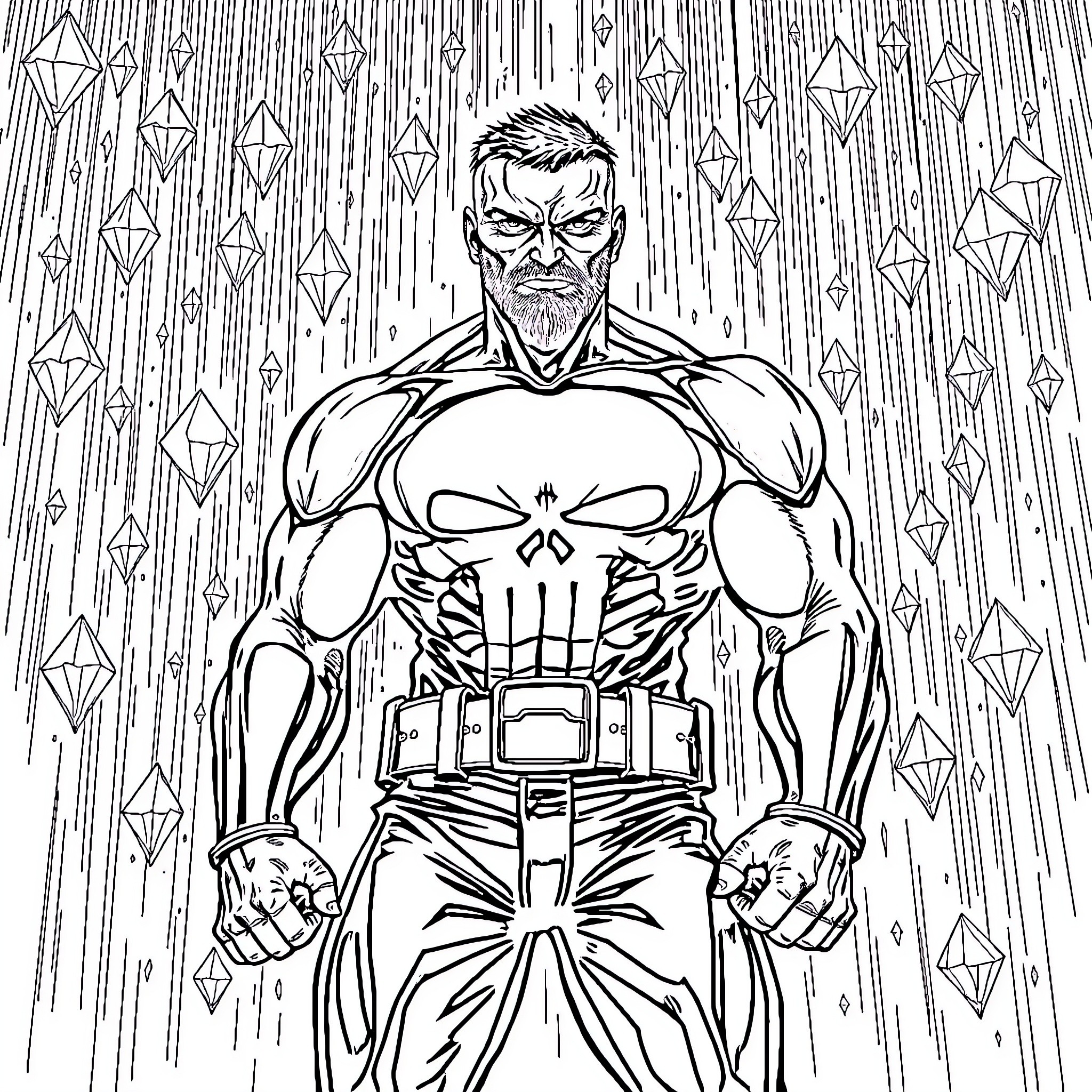 Punisher in action-packed stance Coloring Page (free black-and-white line drawing printable PDF for all, from beginners to advanced learners, including children, teens, adults, and seniors)
