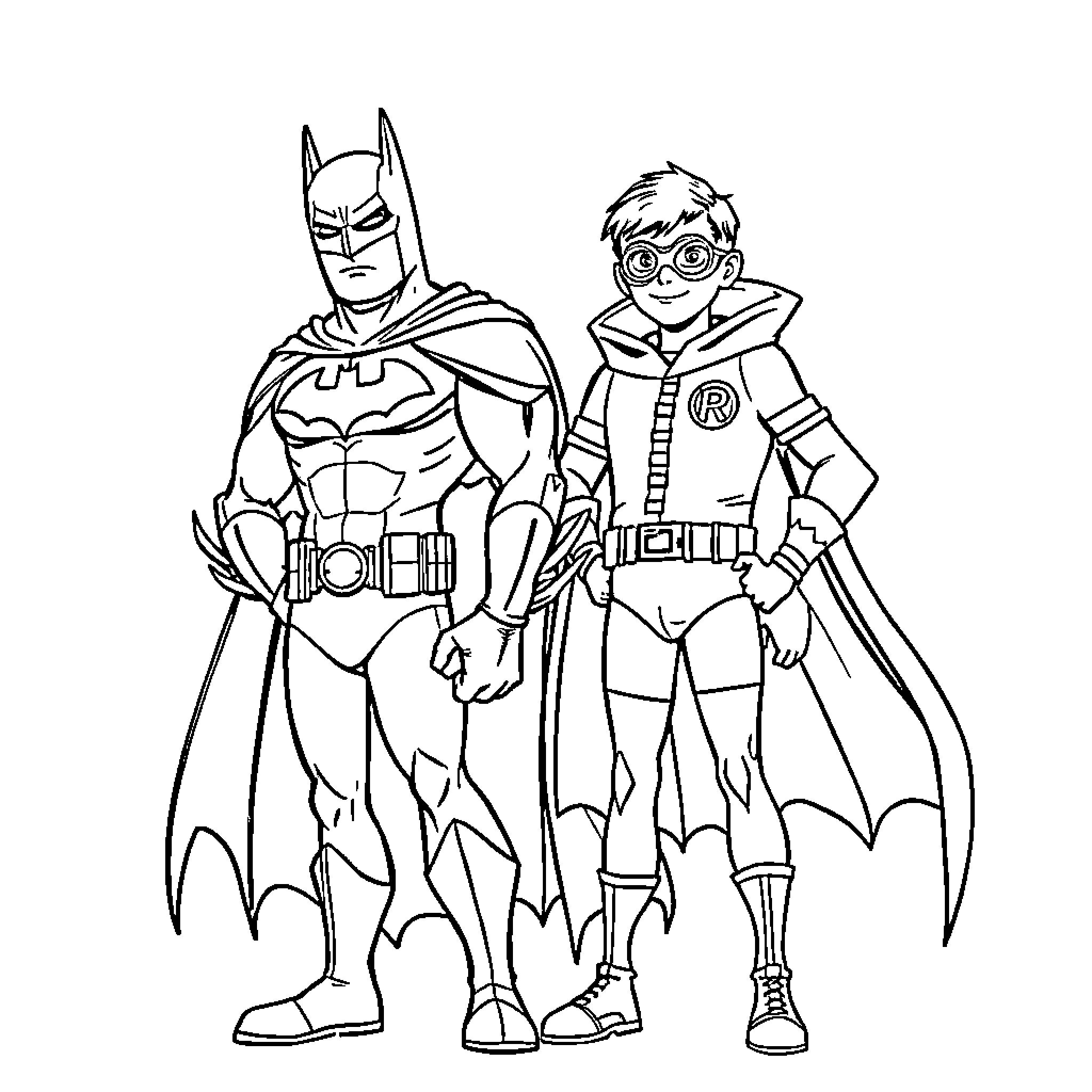 Batman and Robin in heroic action poses Coloring Page (free black-and-white line drawing printable PDF for all, from beginners to advanced learners, including children, teens, adults, and seniors)