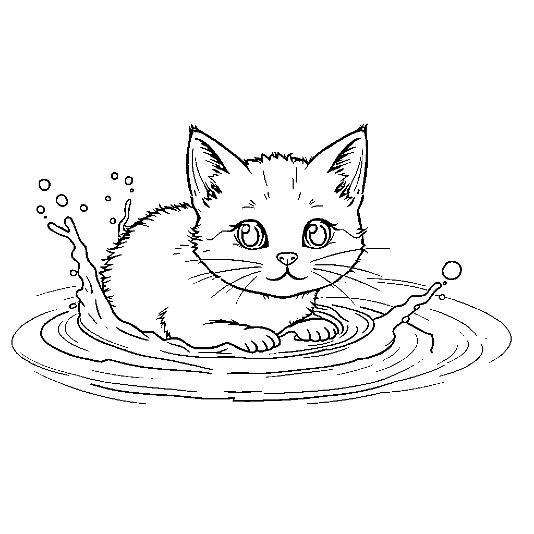 Cat splashing joyfully in puddle Coloring Page (free black-and-white line drawing printable PDF for all, from beginners to advanced learners, including children, teens, adults, and seniors)