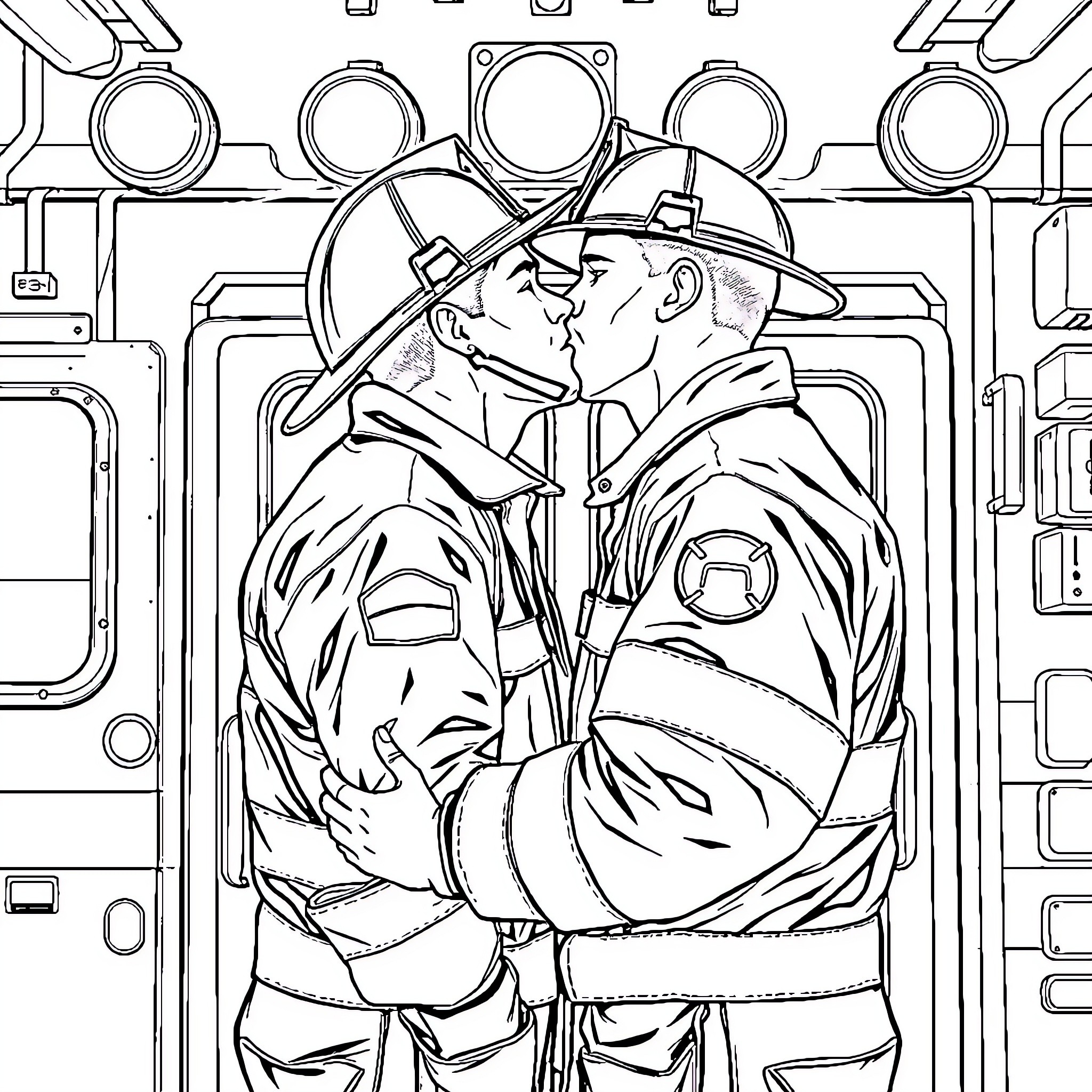 Firefighters Embracing in the Line of Duty Coloring Page (free black-and-white line drawing printable PDF for all, from beginners to advanced learners, including children, teens, adults, and seniors)