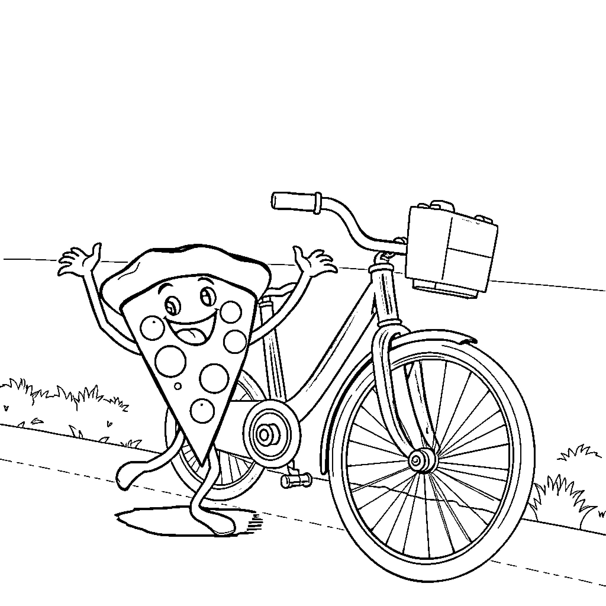 Pizza character riding a bicycle in an outdoor scene Coloring Page (free black-and-white line drawing printable PDF for all, from beginners to advanced learners, including children, teens, adults, and seniors)