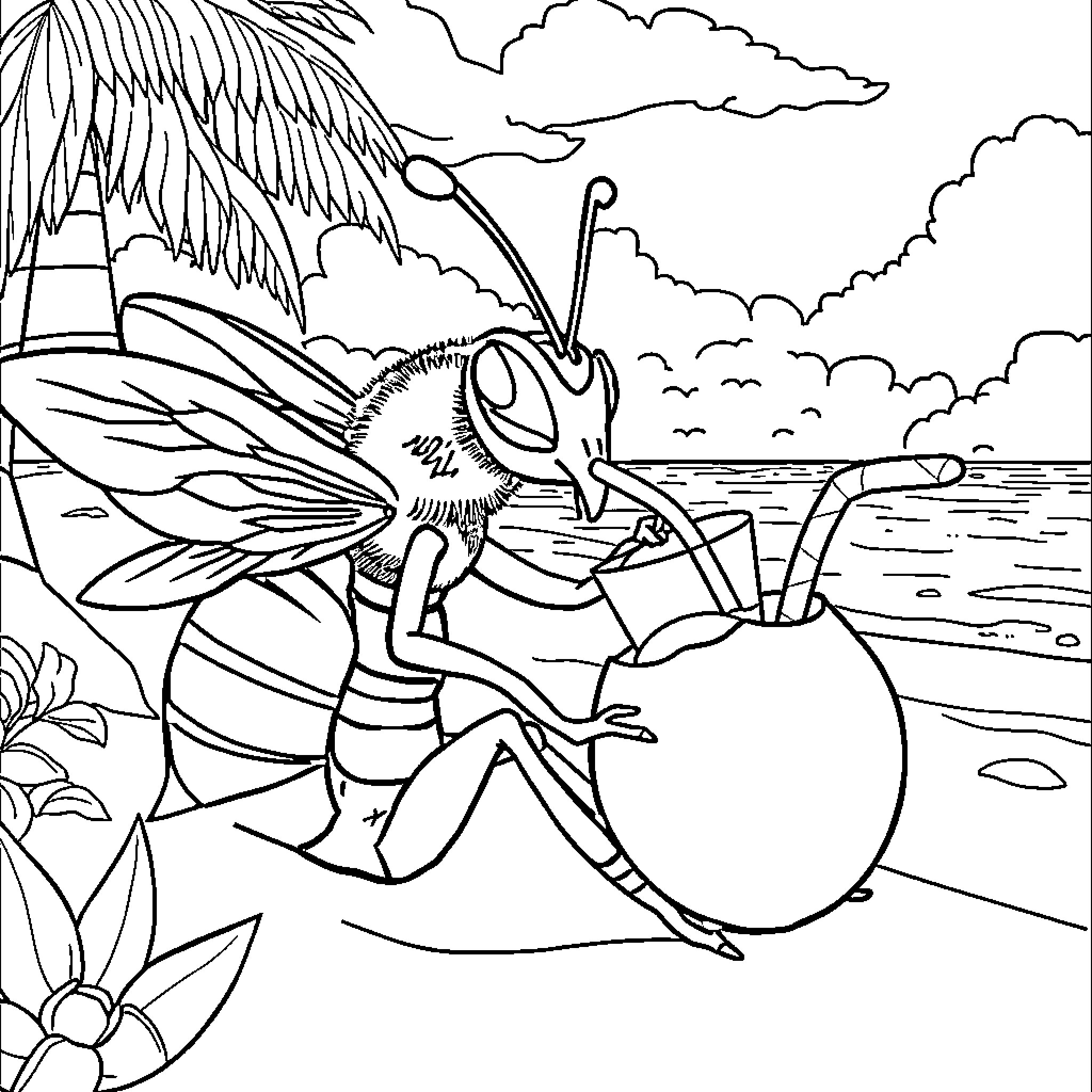 Hornet exploring a tropical landscape Coloring Page (free black-and-white line drawing printable PDF for all, from beginners to advanced learners, including children, teens, adults, and seniors)