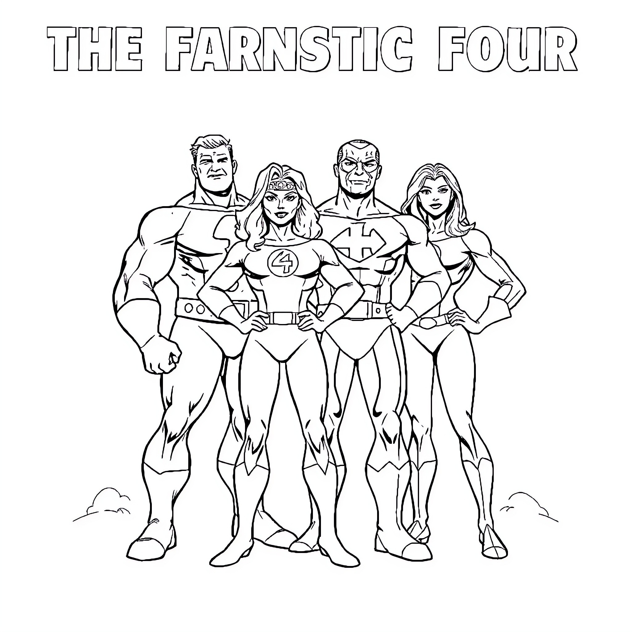 Fantastic Four Heroes in Action Poses Coloring Page (free black-and-white line drawing printable PDF for all, from beginners to advanced learners, including children, teens, adults, and seniors)