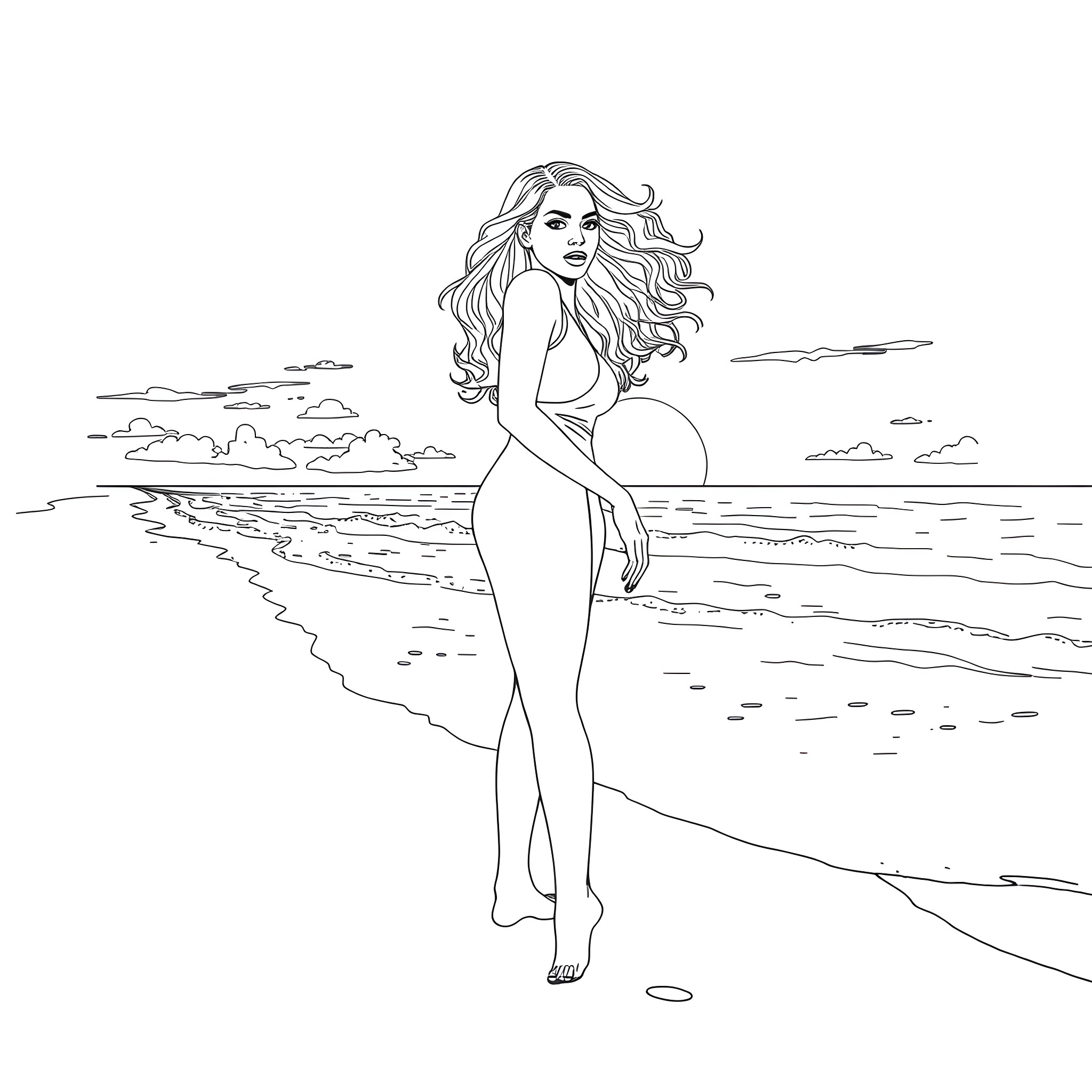 Beyonce posing gracefully on the beach Coloring Page (free black-and-white line drawing printable PDF for all, from beginners to advanced learners, including children, teens, adults, and seniors)