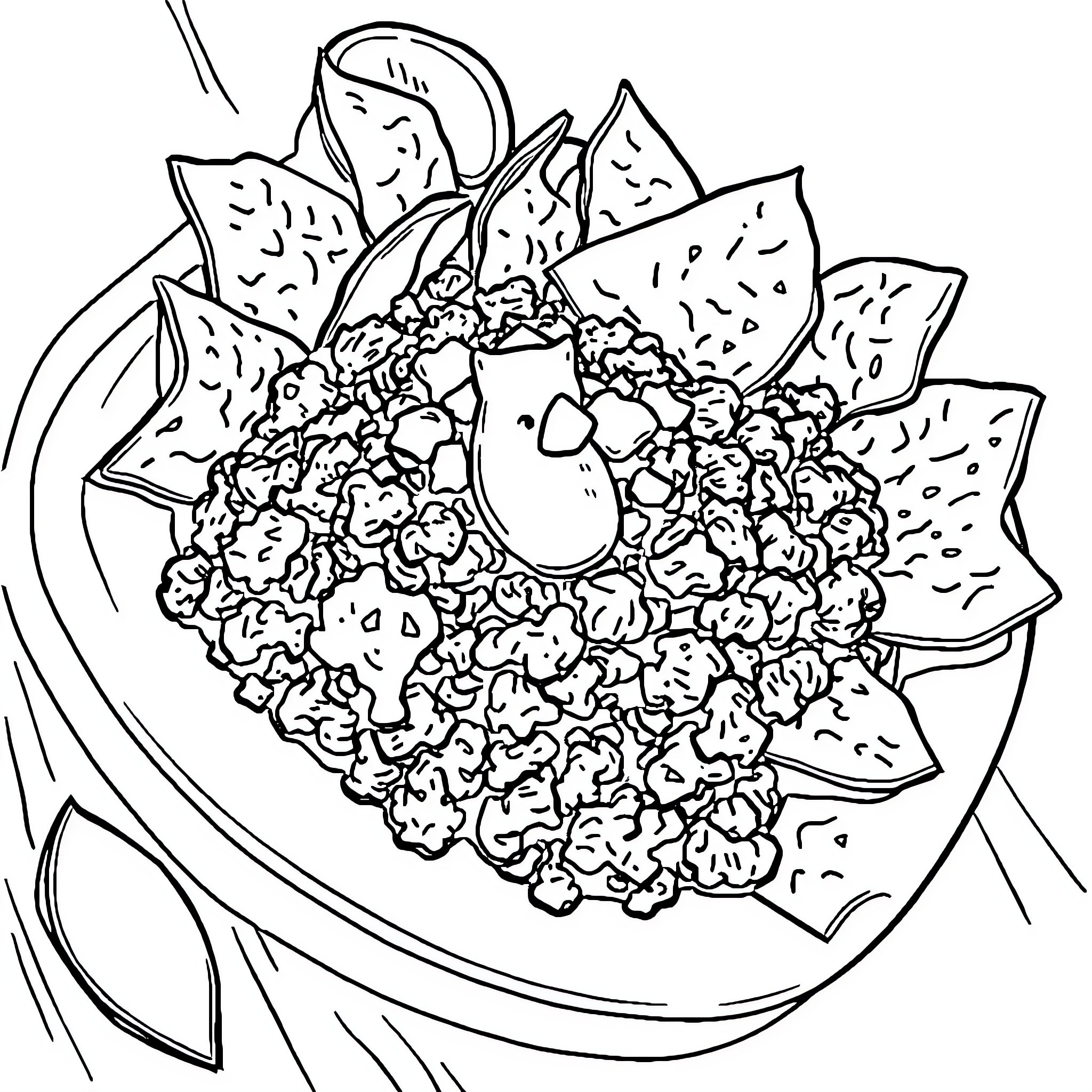 Beef-filled savory dish with vegetables Coloring Page (free black-and-white line drawing printable PDF for all, from beginners to advanced learners, including children, teens, adults, and seniors)