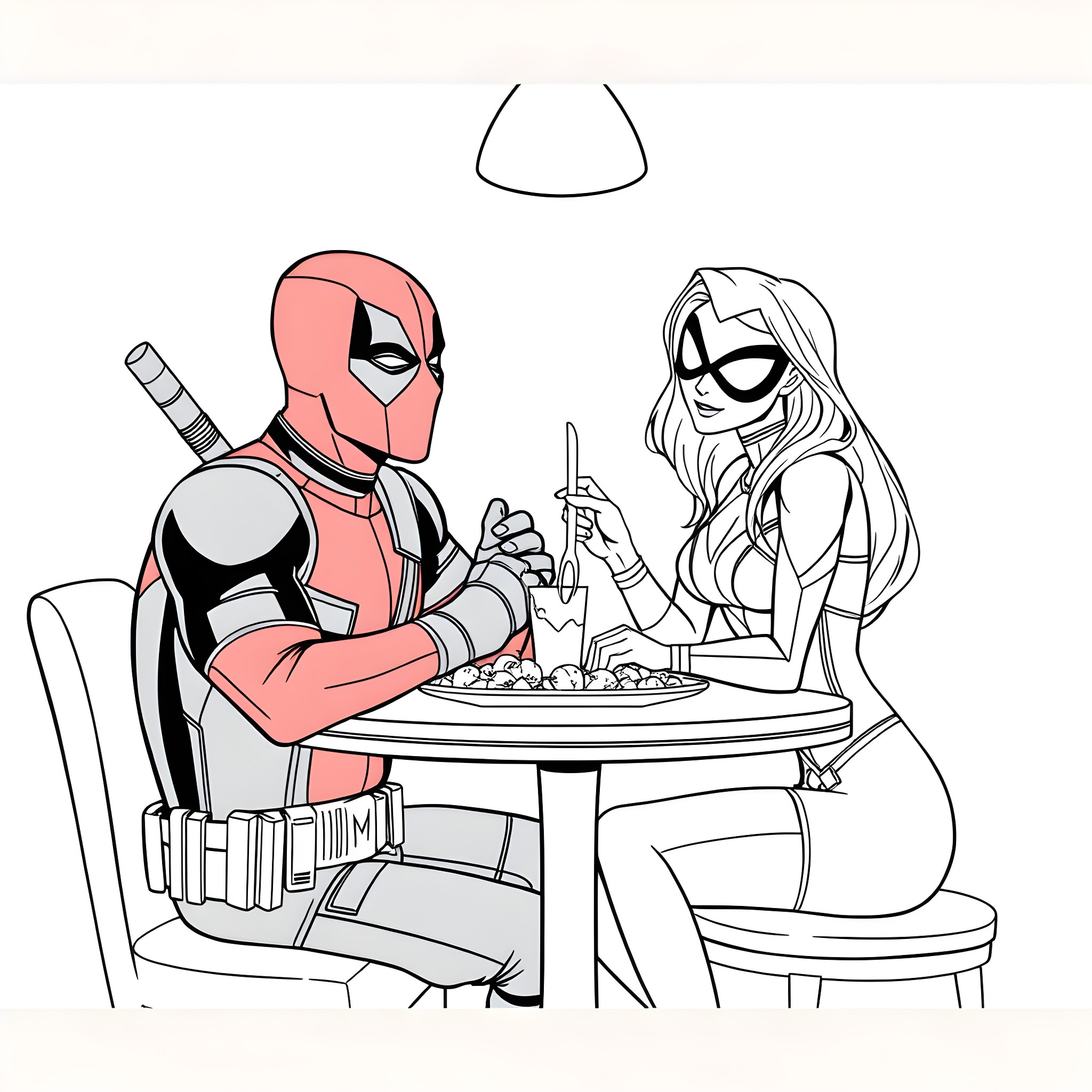 Deadpool and Spider-Gwen in a casual conversation Coloring Page (free black-and-white line drawing printable PDF for all, from beginners to advanced learners, including children, teens, adults, and seniors)