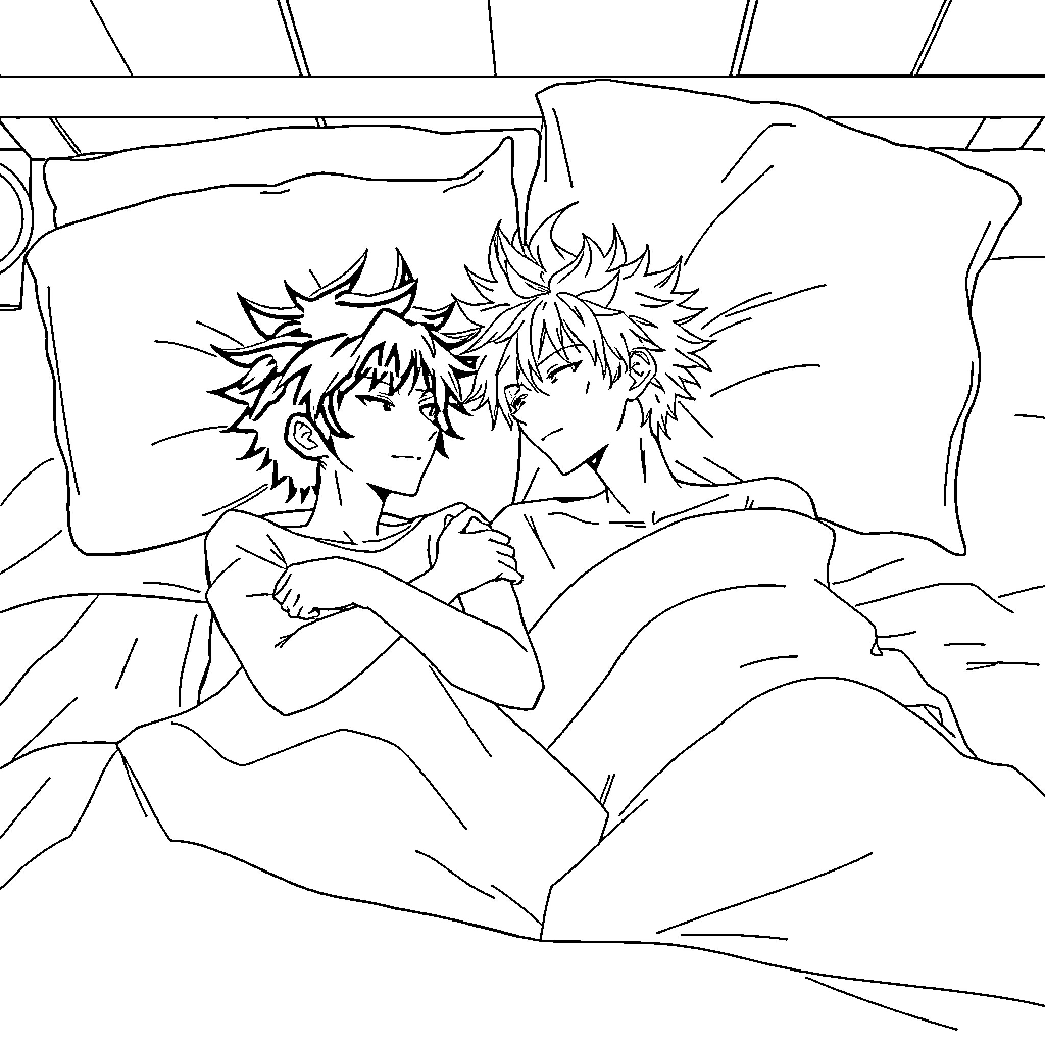 Katsuki Bakugo in intimate embrace with companion Coloring Page (free black-and-white line drawing printable PDF for all, from beginners to advanced learners, including children, teens, adults, and seniors)