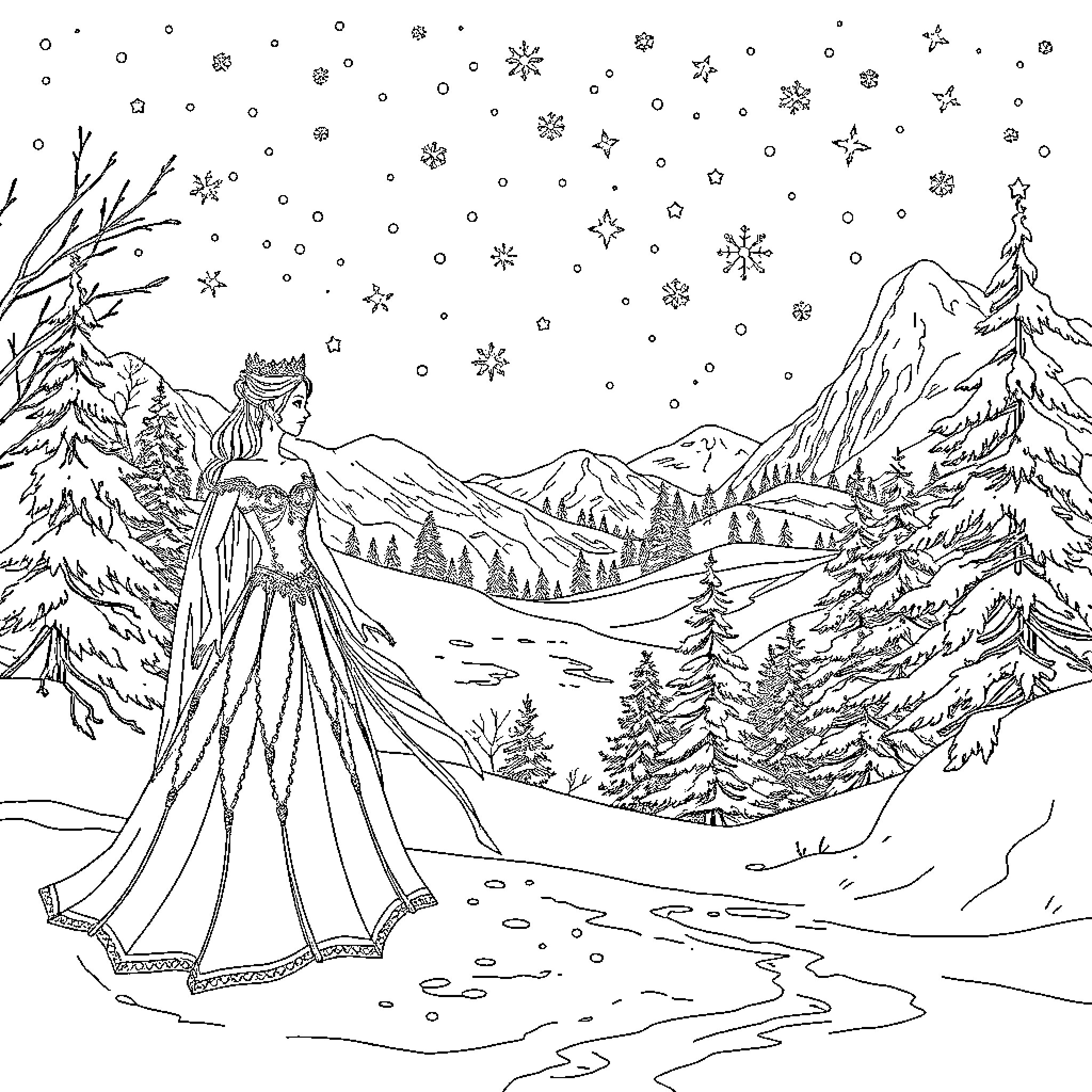 Snow Queen in a Wintry Landscape Coloring Page (free black-and-white line drawing printable PDF for all, from beginners to advanced learners, including children, teens, adults, and seniors)