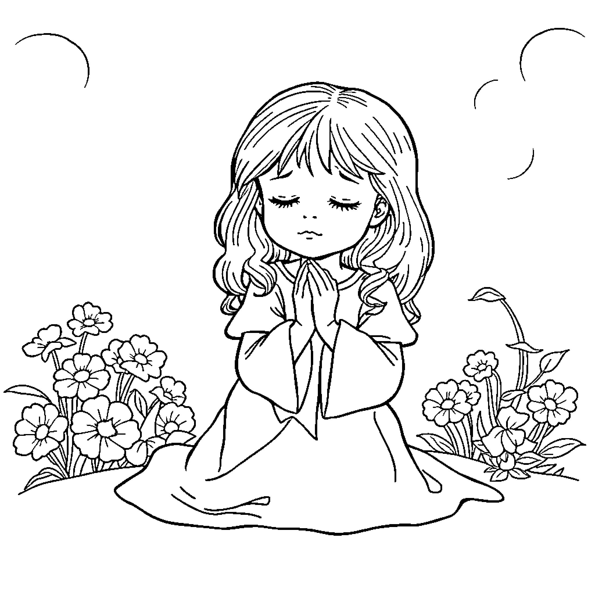Girl in Prayerful Pose Among Flowers Coloring Page (free black-and-white line drawing printable PDF for all, from beginners to advanced learners, including children, teens, adults, and seniors)