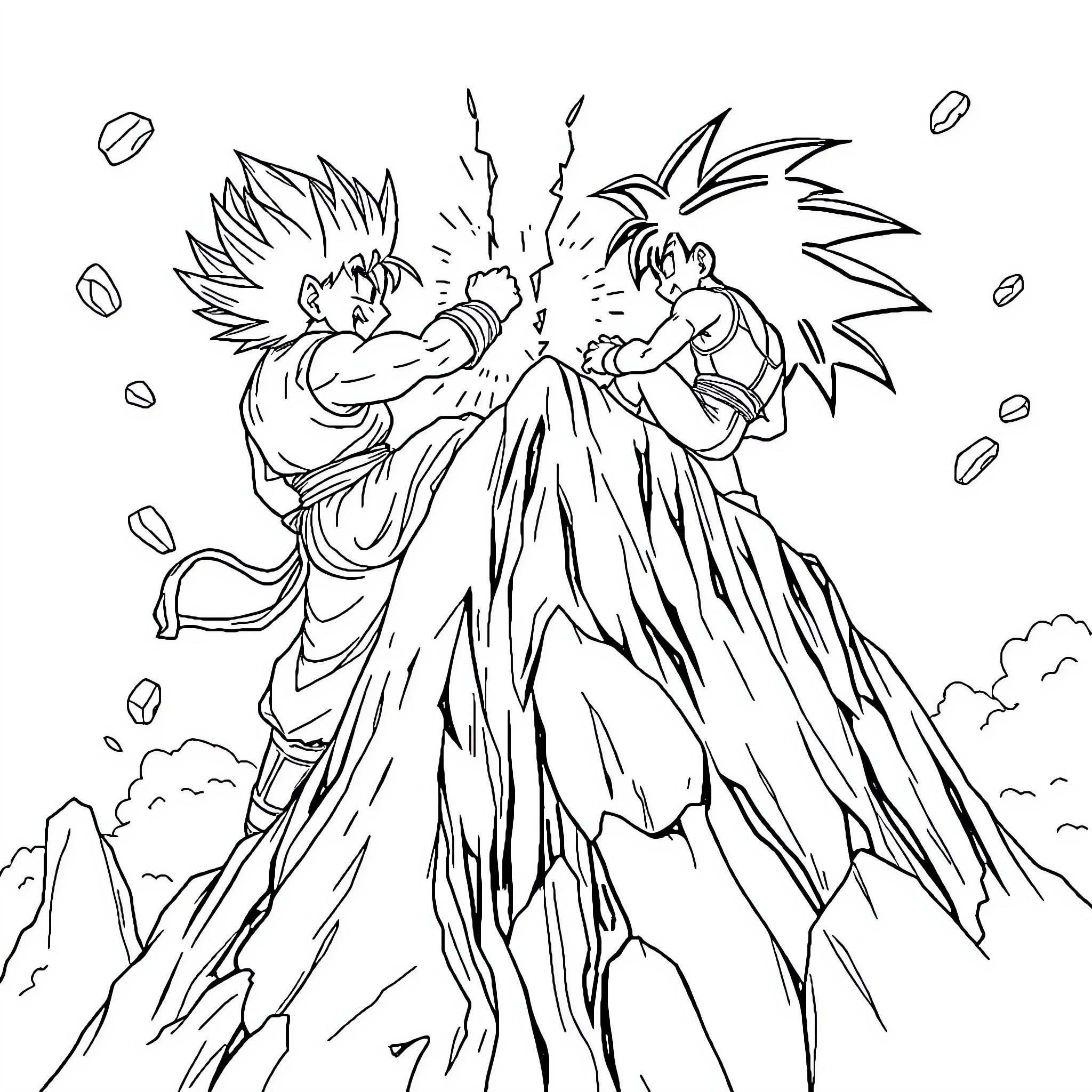 Goku's Intense Battle on the Mountain Cliffs Coloring Page (free black-and-white line drawing printable PDF for all, from beginners to advanced learners, including children, teens, adults, and seniors)
