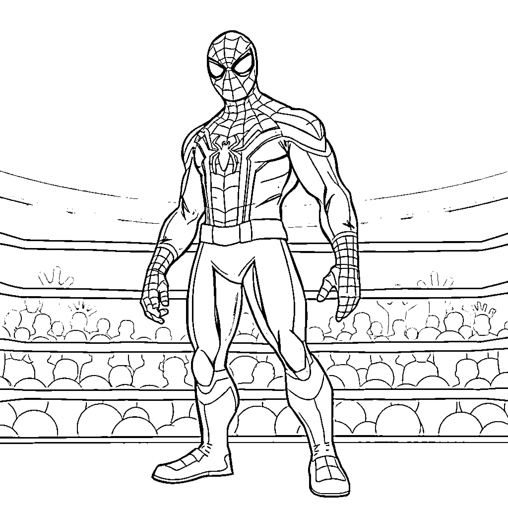 Spiderman standing tall in the arena Coloring Page (free black-and-white line drawing printable PDF for all, from beginners to advanced learners, including children, teens, adults, and seniors)