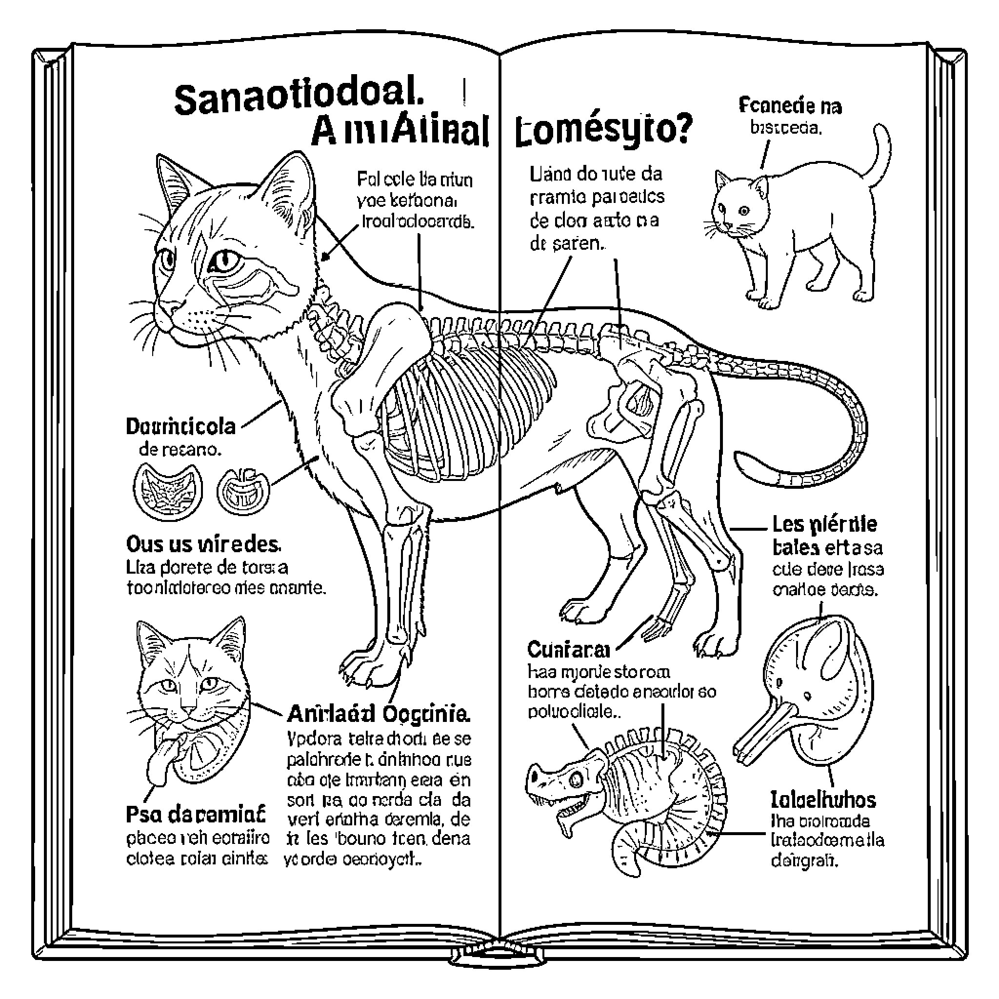 Domestic Animal anatomy diagram displayed in an open book Coloring Page (free black-and-white line drawing printable PDF for all, from beginners to advanced learners, including children, teens, adults, and seniors)