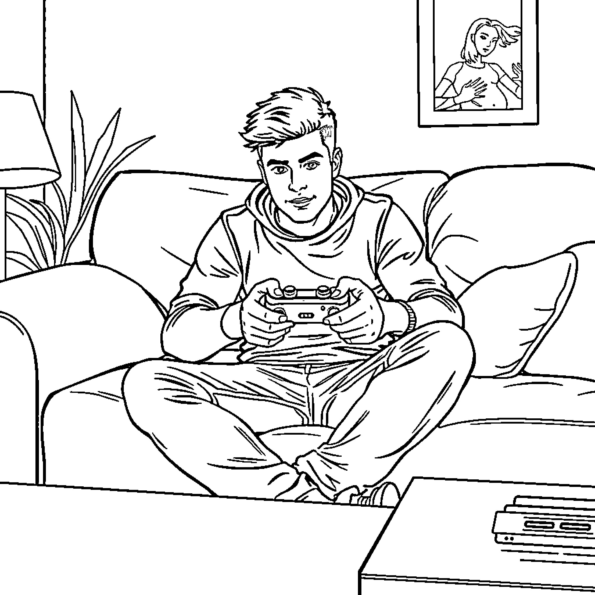 Guy playing video game on couch Coloring Page (free black-and-white line drawing printable PDF for all, from beginners to advanced learners, including children, teens, adults, and seniors)