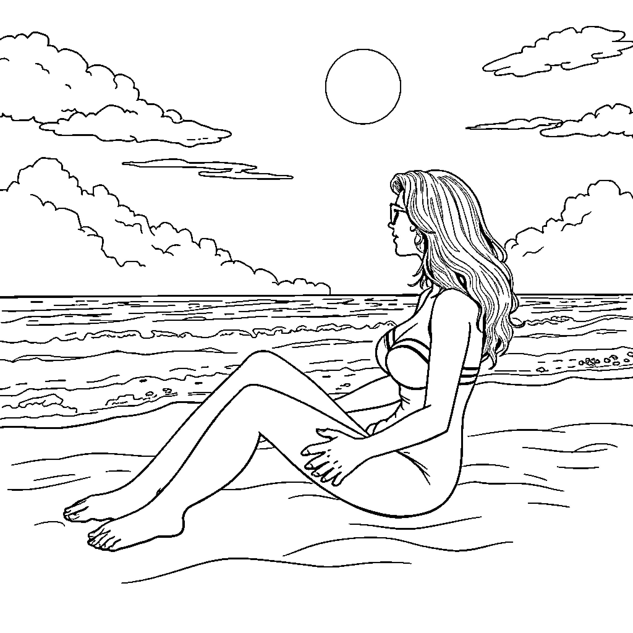 Wife relaxing on the beach under the moonlight Coloring Page (free black-and-white line drawing printable PDF for all, from beginners to advanced learners, including children, teens, adults, and seniors)