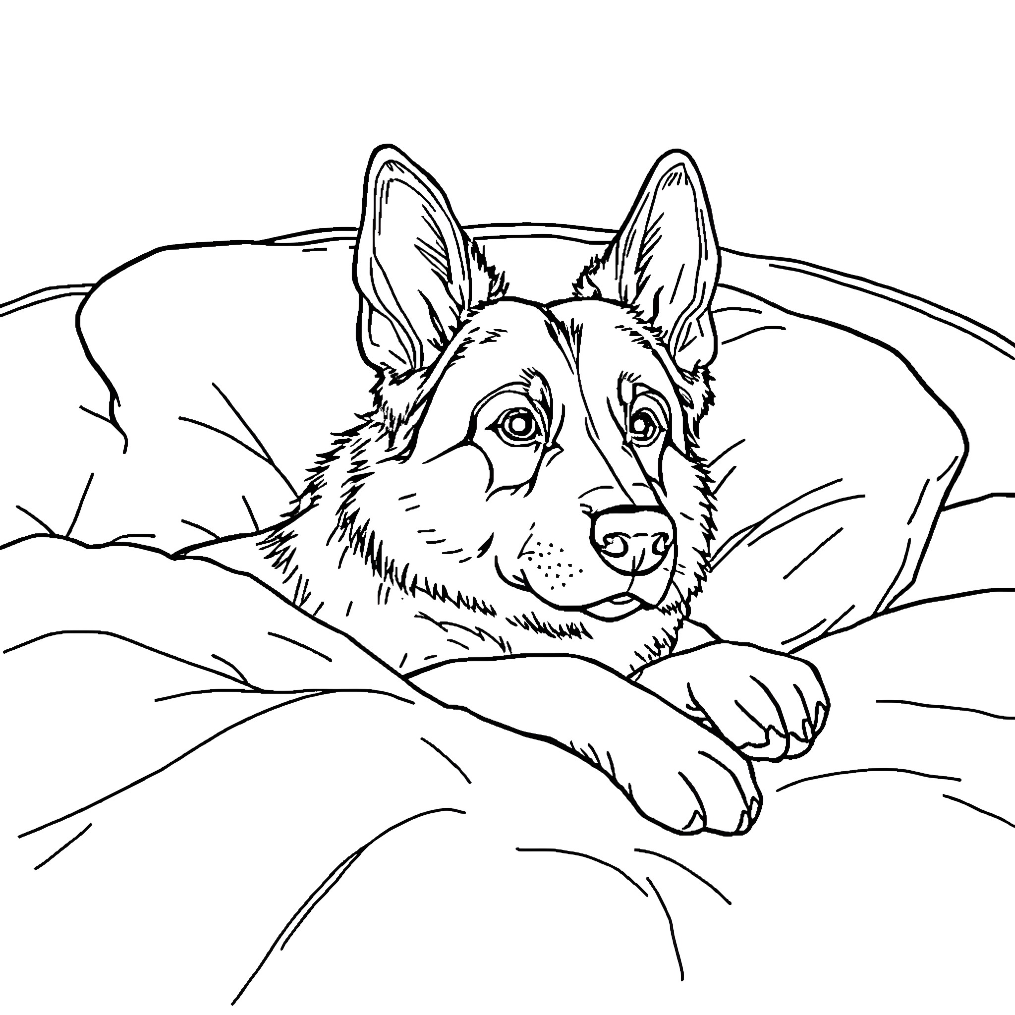 German Shepherd resting peacefully in the grass Coloring Page (free black-and-white line drawing printable PDF for all, from beginners to advanced learners, including children, teens, adults, and seniors)