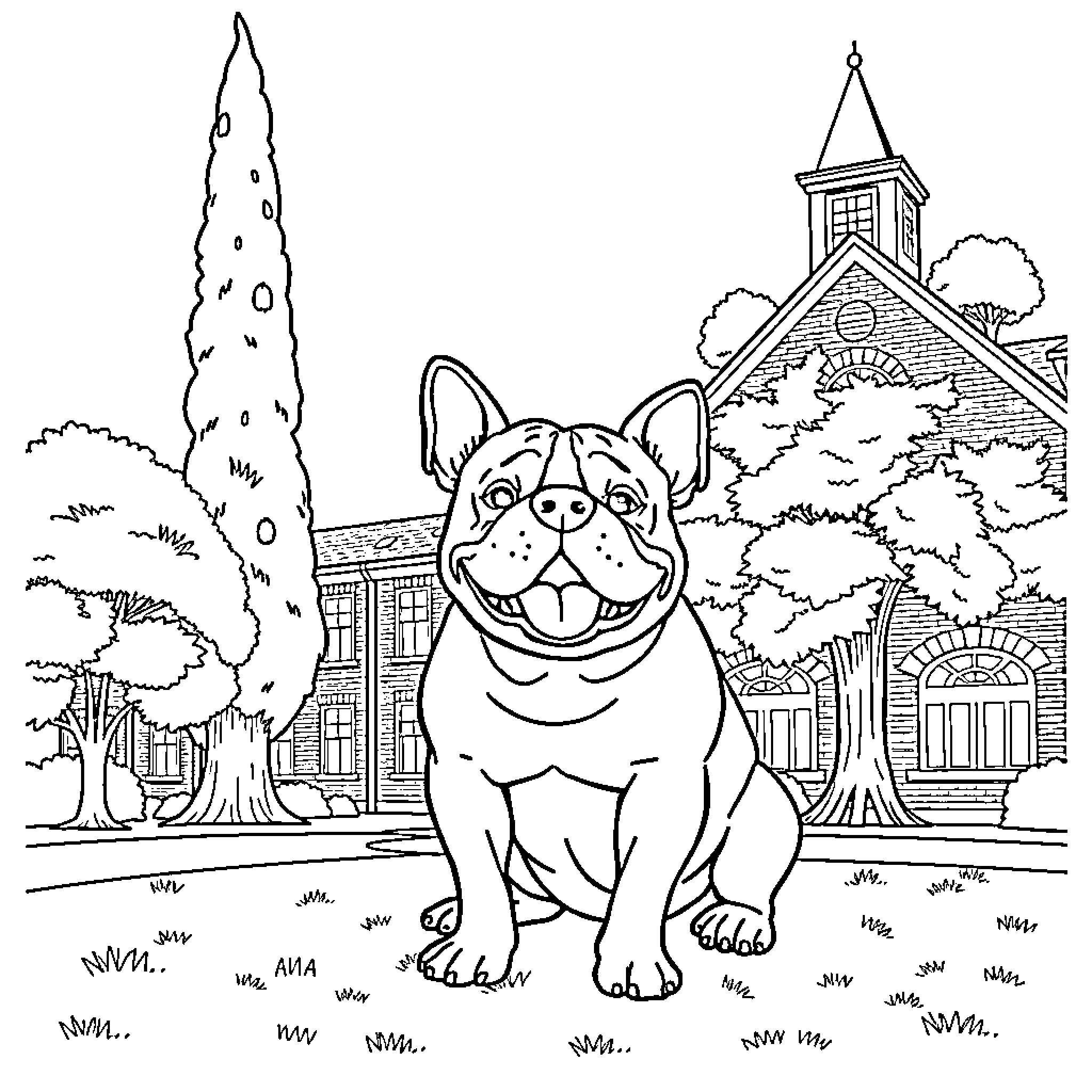 Bulldog cheerfully exploring a scenic town Coloring Page (free black-and-white line drawing printable PDF for all, from beginners to advanced learners, including children, teens, adults, and seniors)
