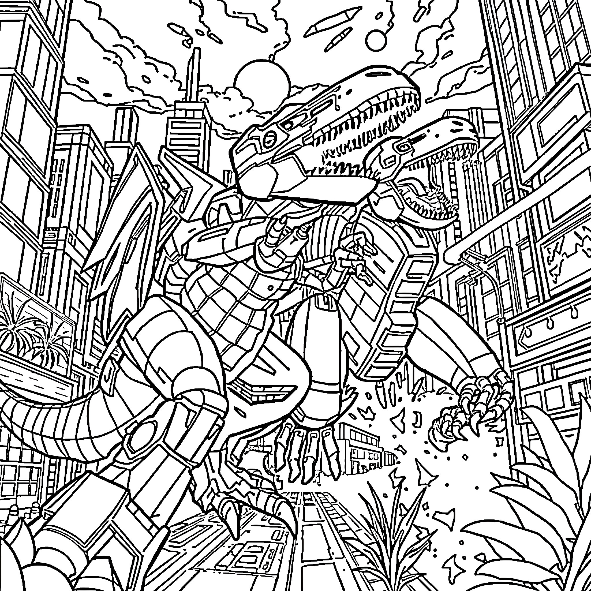 Dinosaur Rampaging Through Futuristic City Coloring Page (free black-and-white line drawing printable PDF for all, from beginners to advanced learners, including children, teens, adults, and seniors)