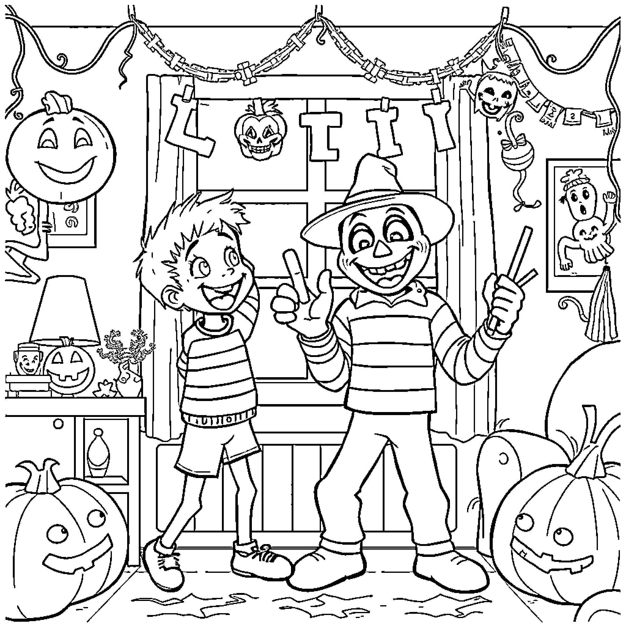 Halloween celebration with cheerful characters Coloring Page (free black-and-white line drawing printable PDF for all, from beginners to advanced learners, including children, teens, adults, and seniors)