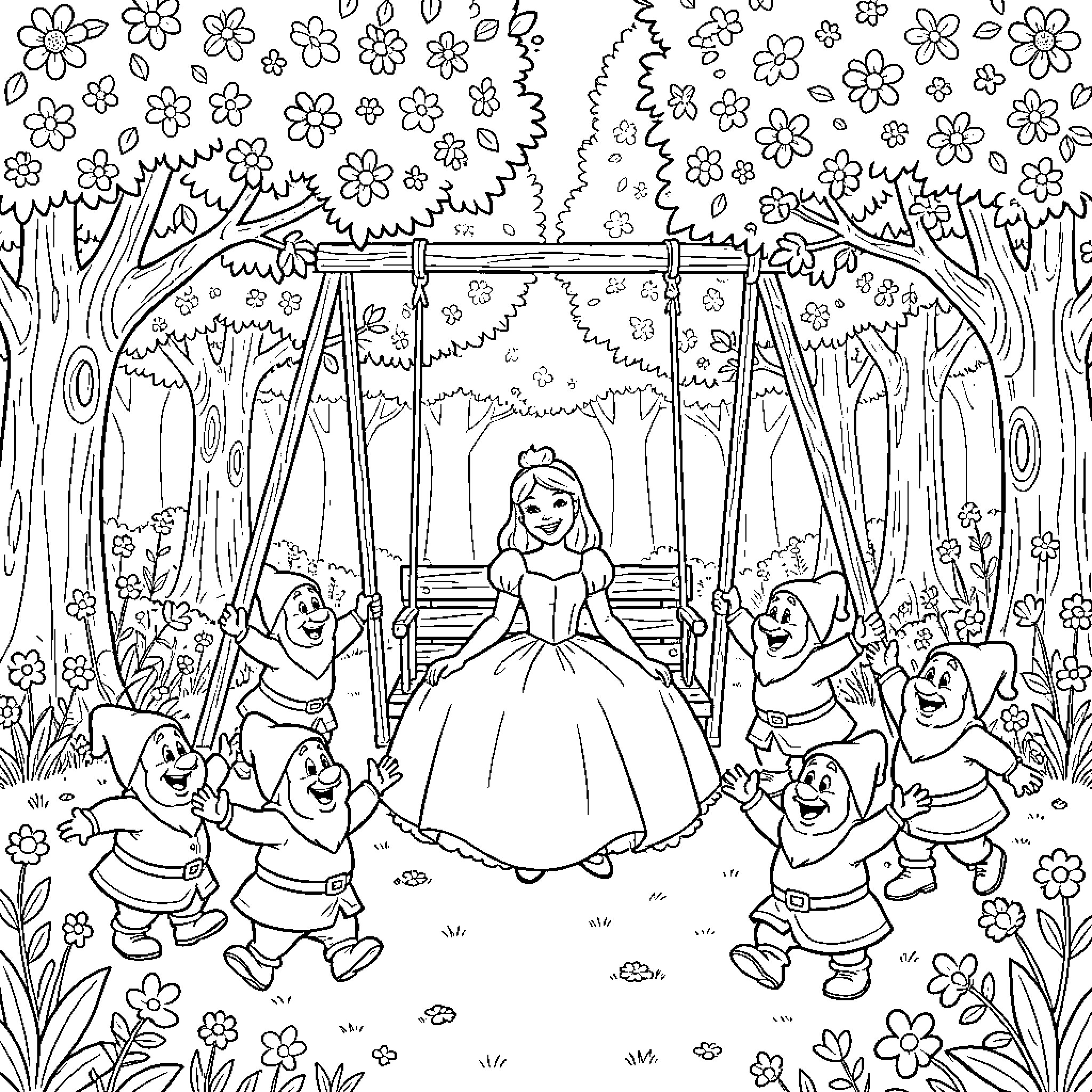 Snow White enjoying a serene forest setting with her dwarven companions Coloring Page (free black-and-white line drawing printable PDF for all, from beginners to advanced learners, including children, teens, adults, and seniors)