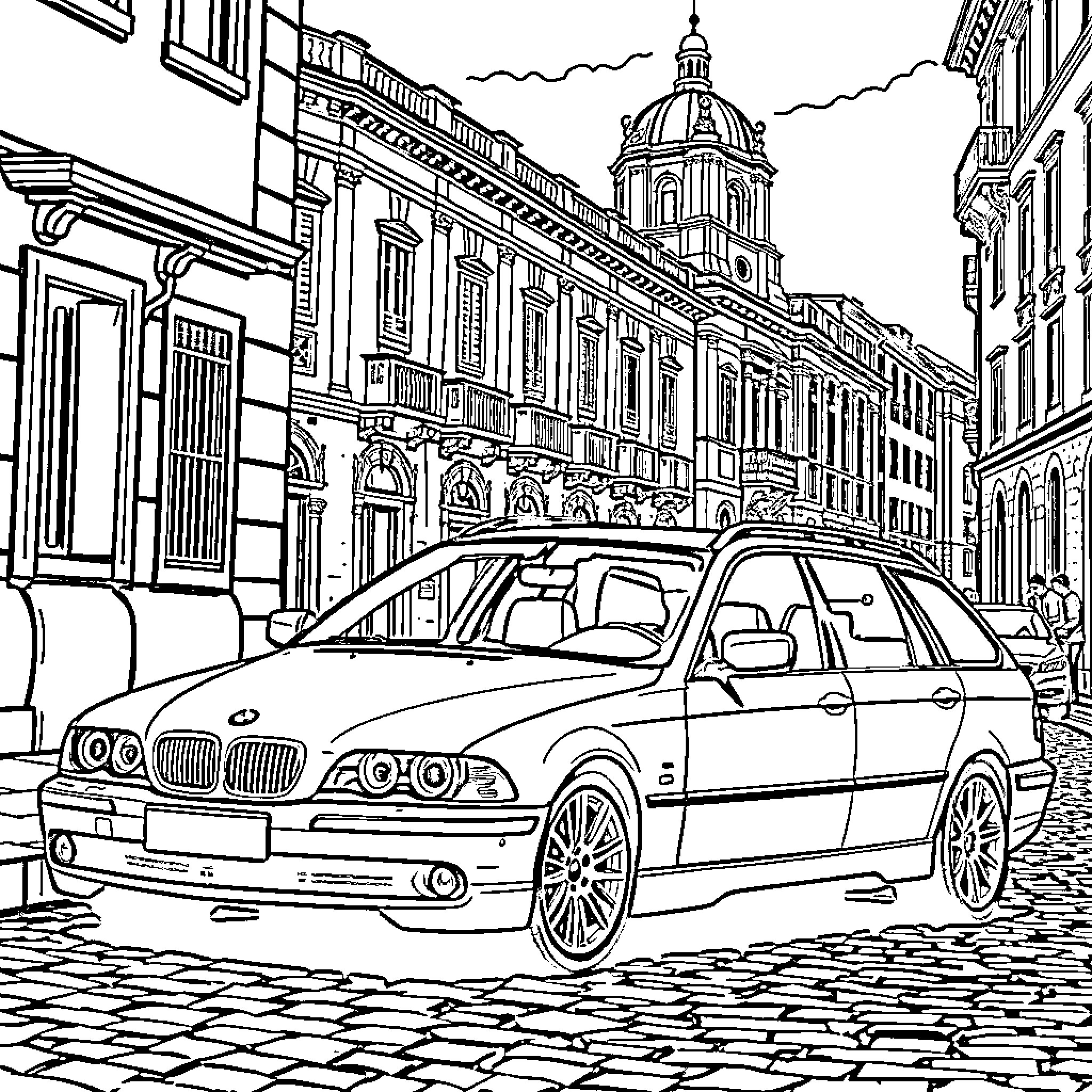 BMW Car in Historic European City Coloring Page (free black-and-white line drawing printable PDF for all, from beginners to advanced learners, including children, teens, adults, and seniors)