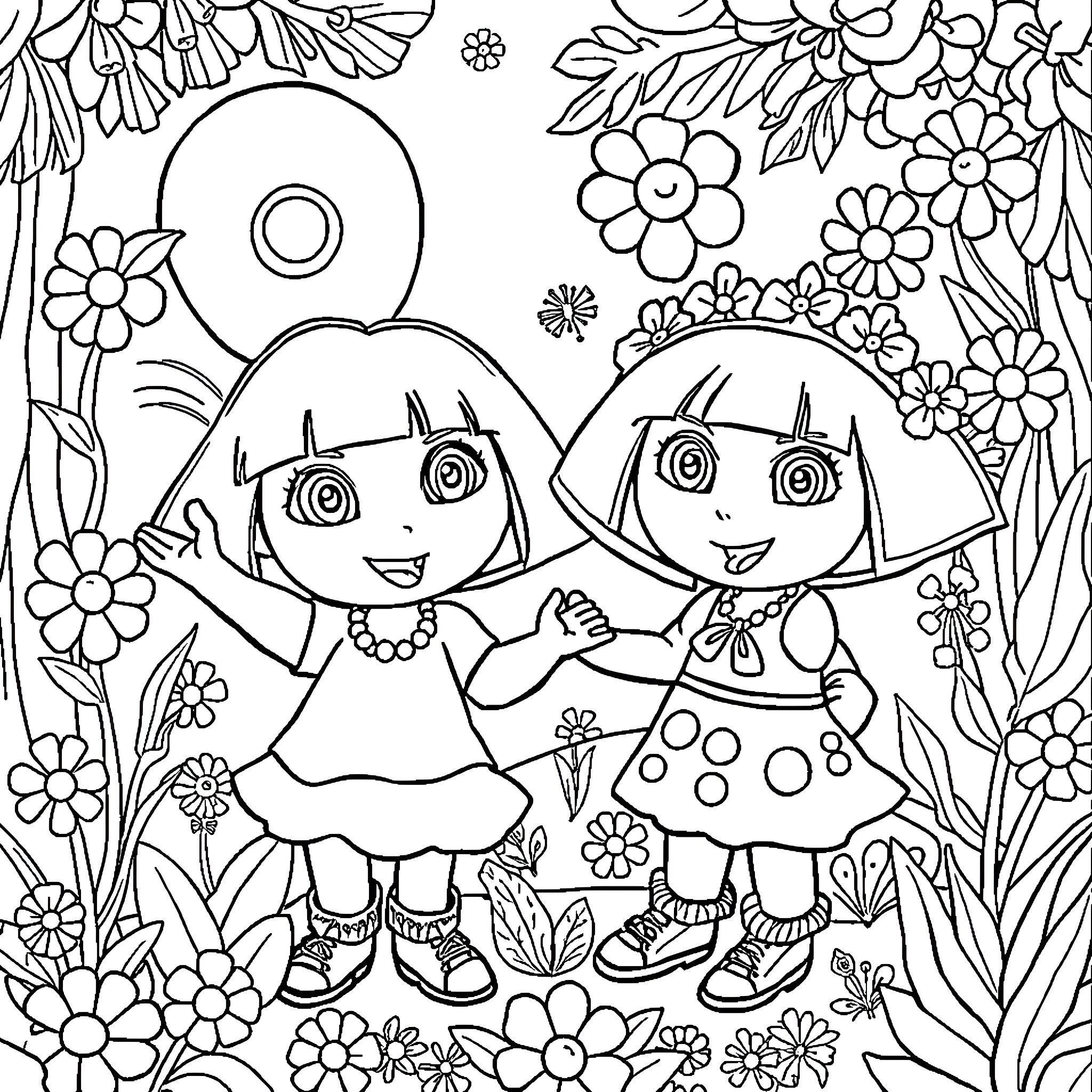 Dora and her friend exploring the floral garden Coloring Page (free black-and-white line drawing printable PDF for all, from beginners to advanced learners, including children, teens, adults, and seniors)