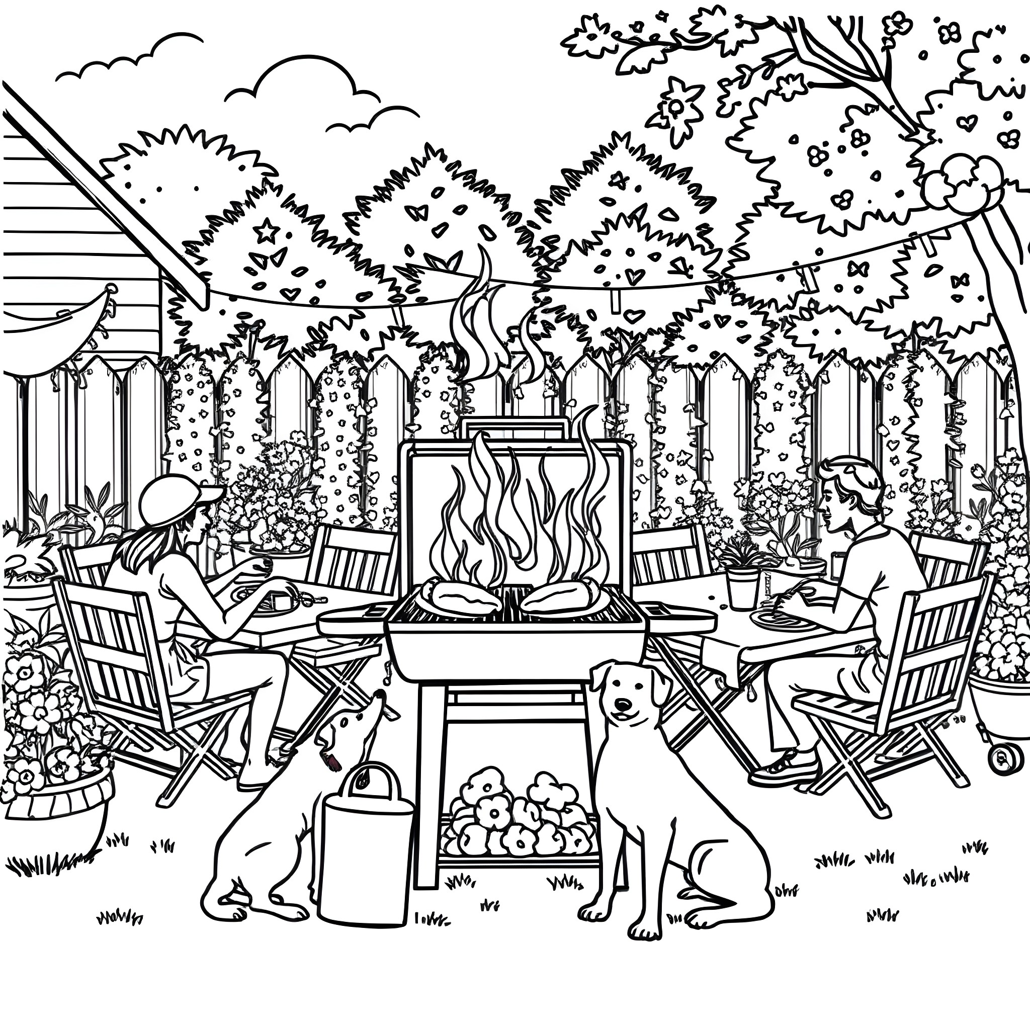 Chicken family enjoying a cozy backyard barbecue Coloring Page (free black-and-white line drawing printable PDF for all, from beginners to advanced learners, including children, teens, adults, and seniors)