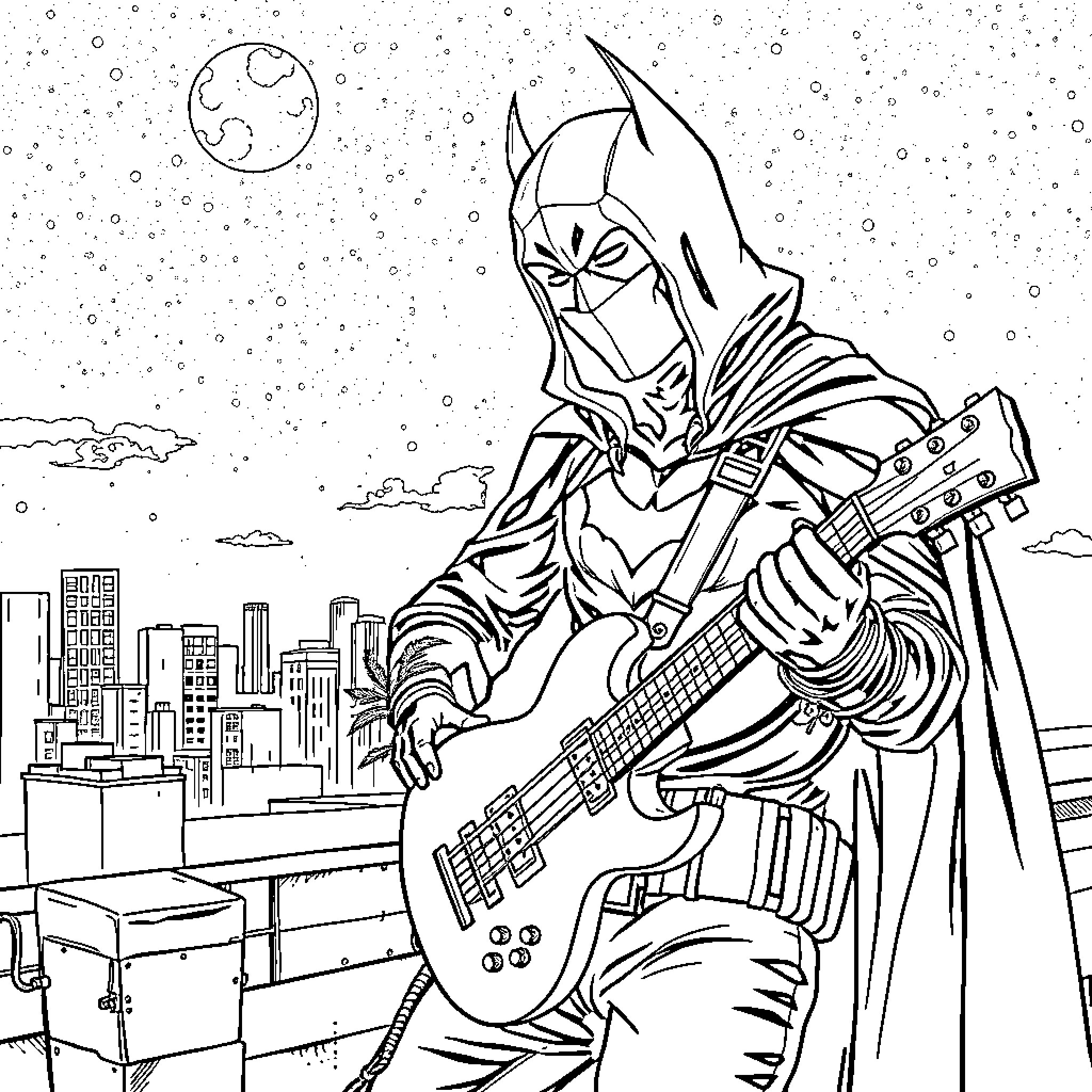 Red Hood playing guitar in the city skyline Coloring Page (free black-and-white line drawing printable PDF for all, from beginners to advanced learners, including children, teens, adults, and seniors)