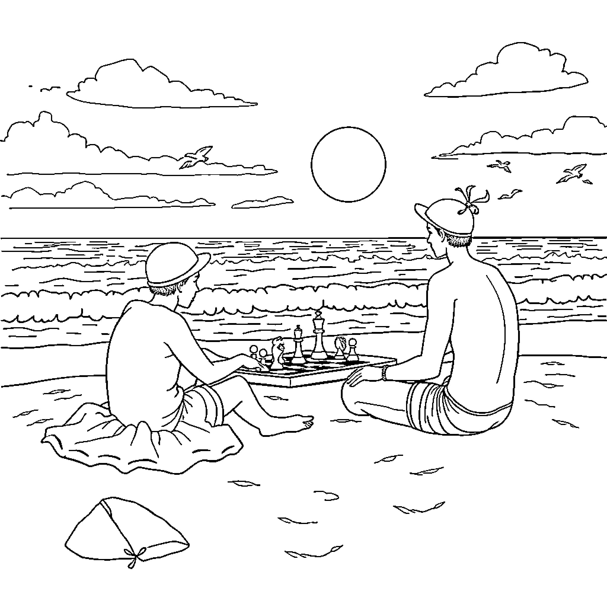 Brain playing chess on the beach at sunset Coloring Page (free black-and-white line drawing printable PDF for all, from beginners to advanced learners, including children, teens, adults, and seniors)