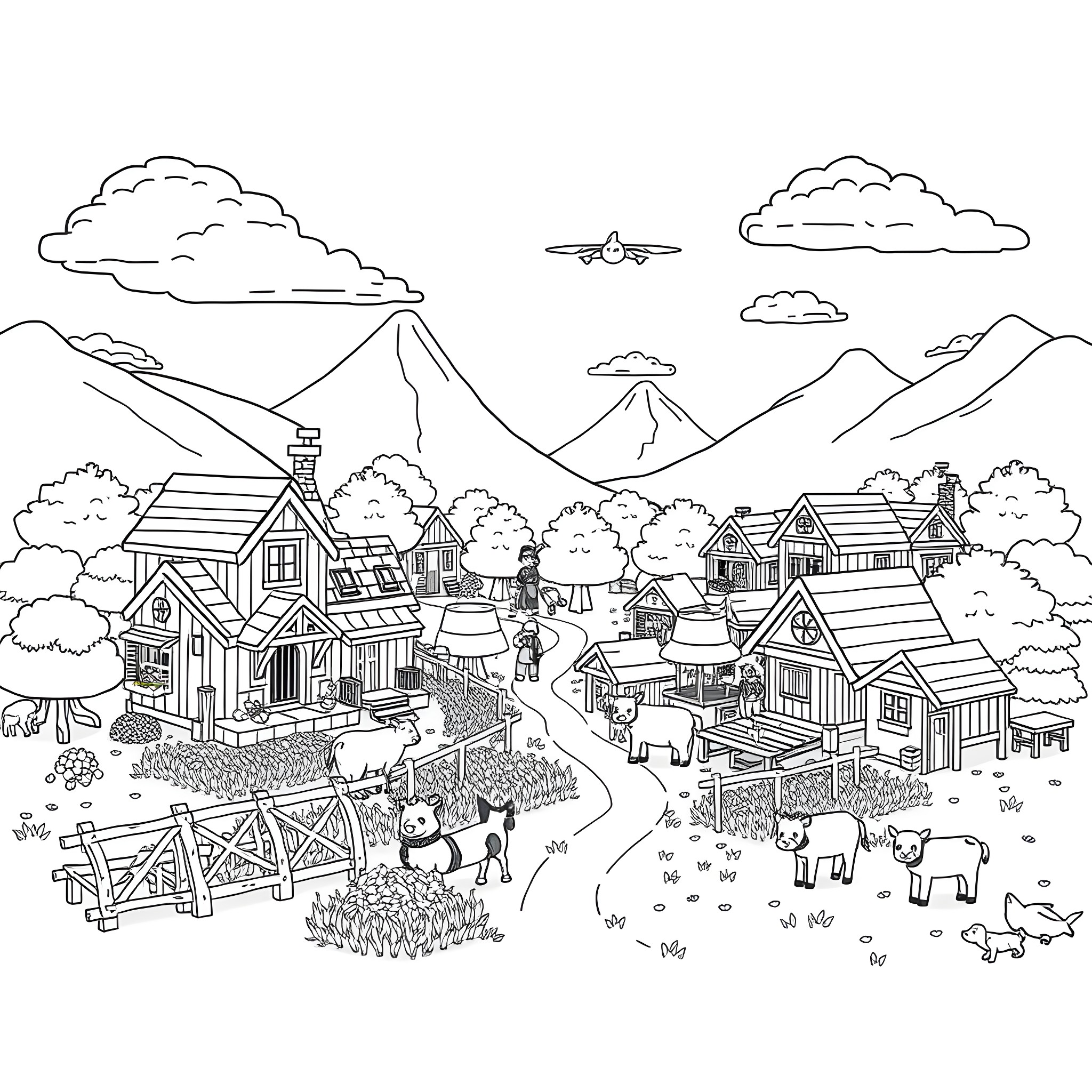 Minecraft village with animals and landscapes Coloring Page (free black-and-white line drawing printable PDF for all, from beginners to advanced learners, including children, teens, adults, and seniors)