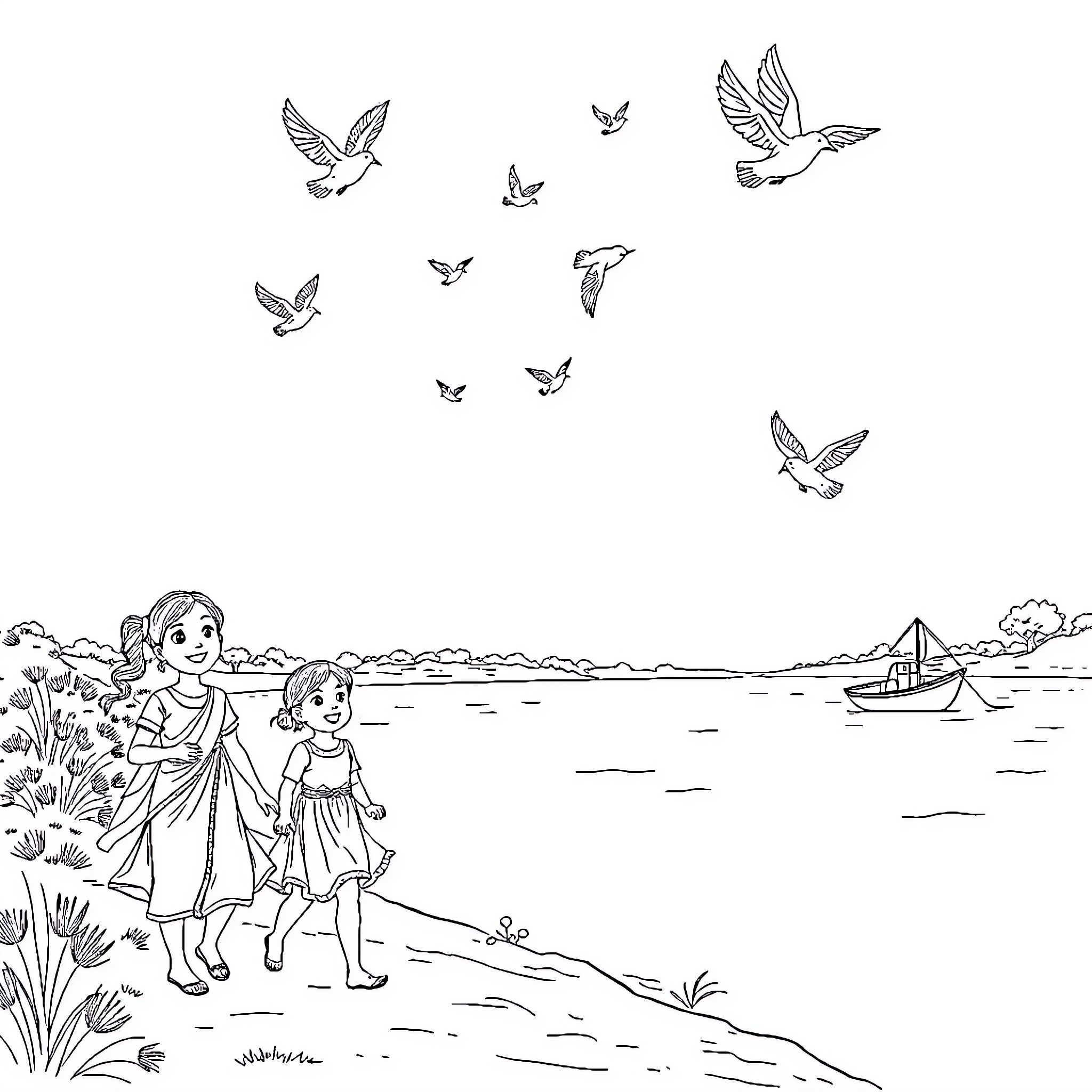 Girl and Boy Enjoying Nature by the Lakeside Coloring Page (free black-and-white line drawing printable PDF for all, from beginners to advanced learners, including children, teens, adults, and seniors)