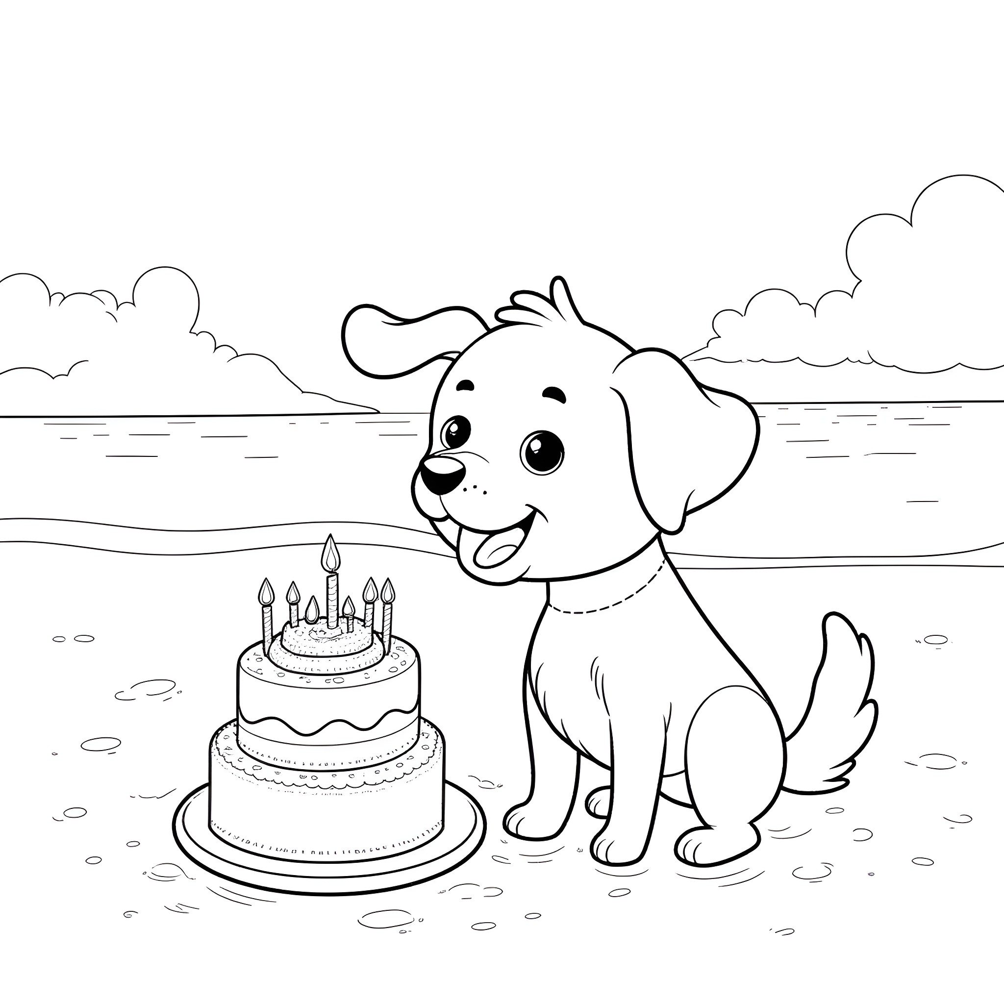 Dog Celebrating Birthday with Cake by the Beach Coloring Page (free black-and-white line drawing printable PDF for all, from beginners to advanced learners, including children, teens, adults, and seniors)