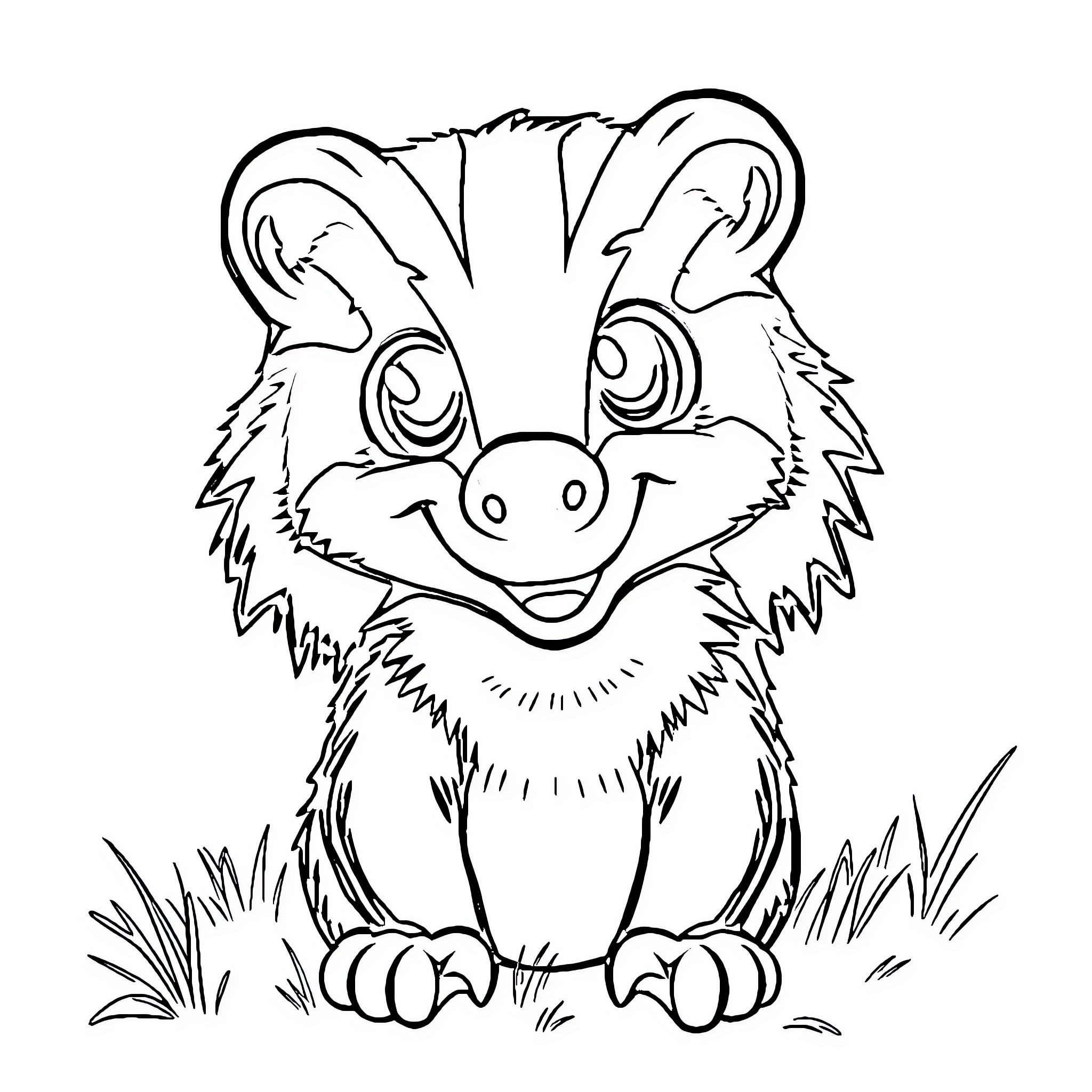 Honey Badger playfully sitting in the grass Coloring Page (free black-and-white line drawing printable PDF for all, from beginners to advanced learners, including children, teens, adults, and seniors)