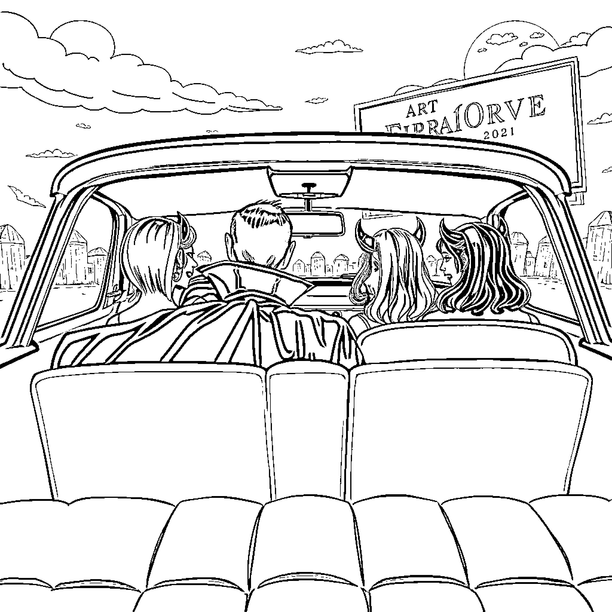 Count Dracula takes a road trip with friends Coloring Page (free black-and-white line drawing printable PDF for all, from beginners to advanced learners, including children, teens, adults, and seniors)