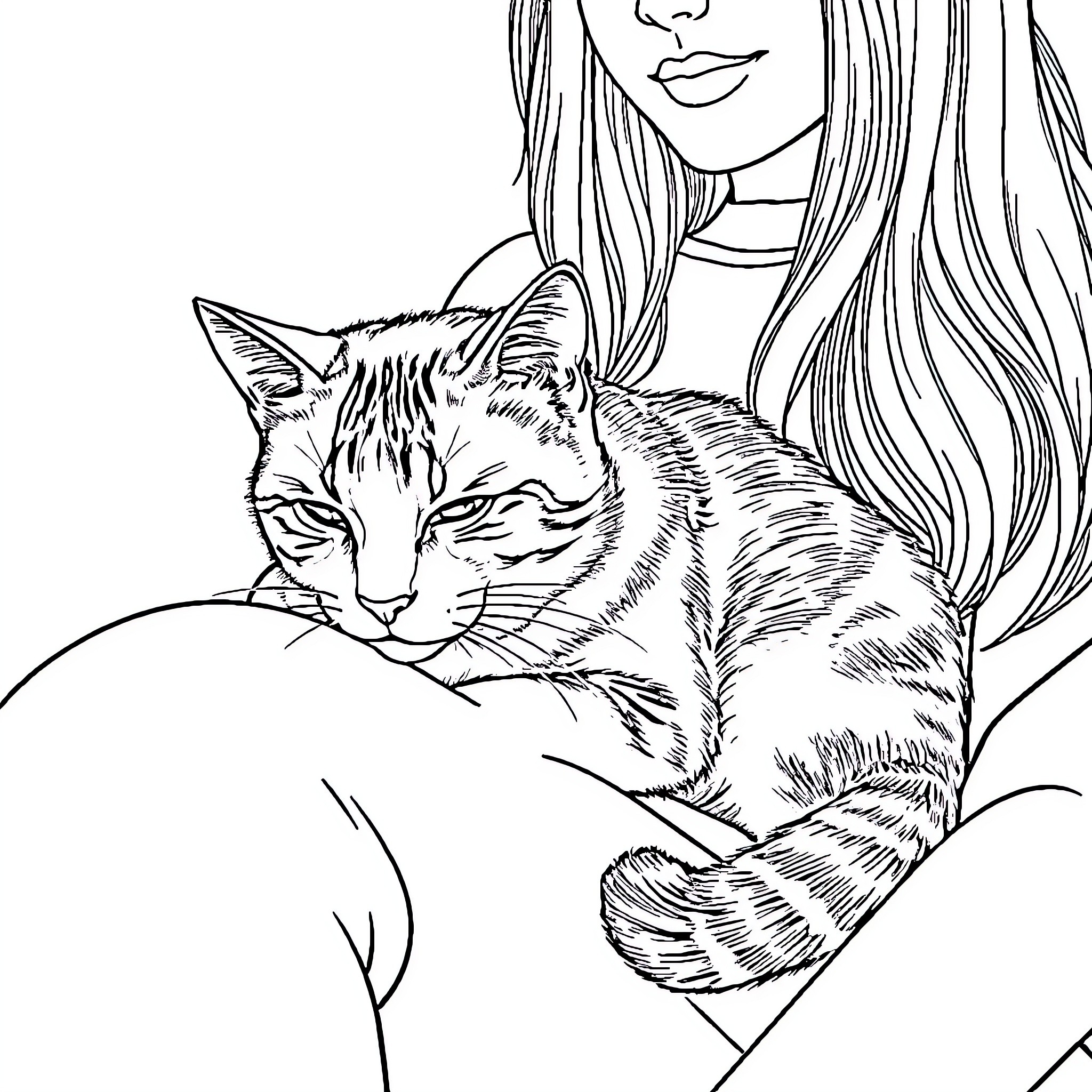 Calico Cat snuggling with woman Coloring Page (free black-and-white line drawing printable PDF for all, from beginners to advanced learners, including children, teens, adults, and seniors)