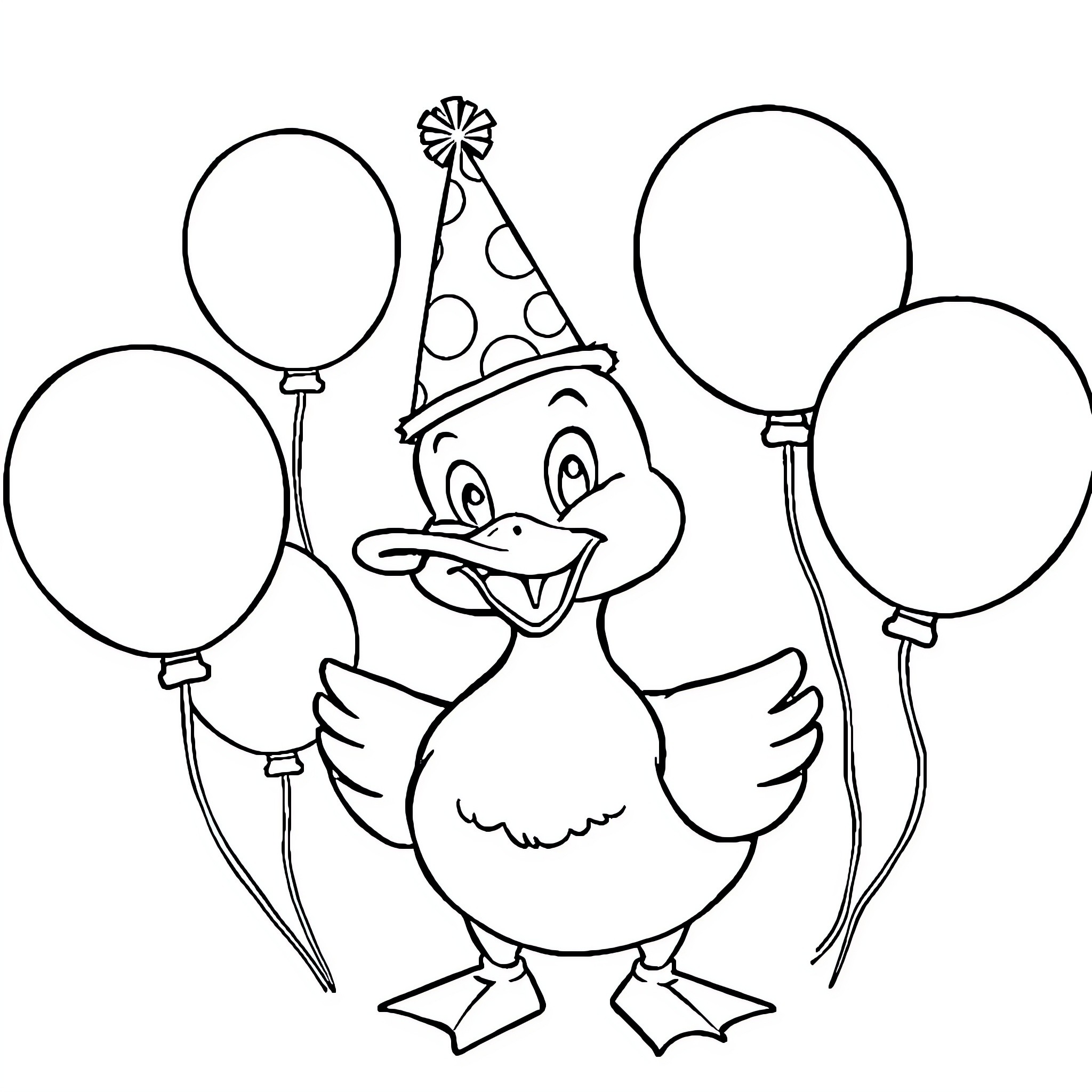 Duck celebrating with balloons Coloring Page (free black-and-white line drawing printable PDF for all, from beginners to advanced learners, including children, teens, adults, and seniors)
